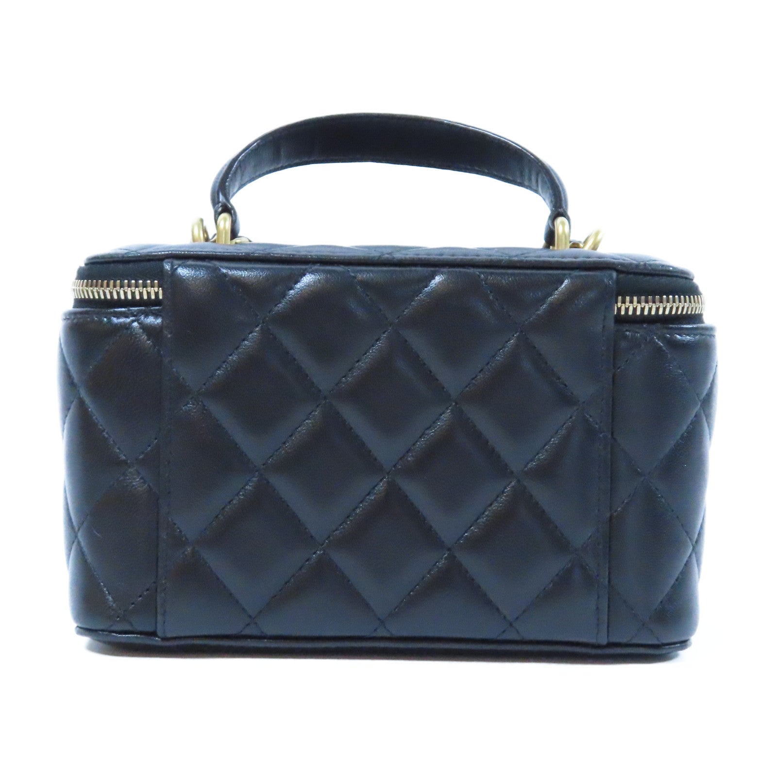 CHANEL 菱格牛皮皮革Handle Vanity Case金扣鏈帶肩背袋黑色