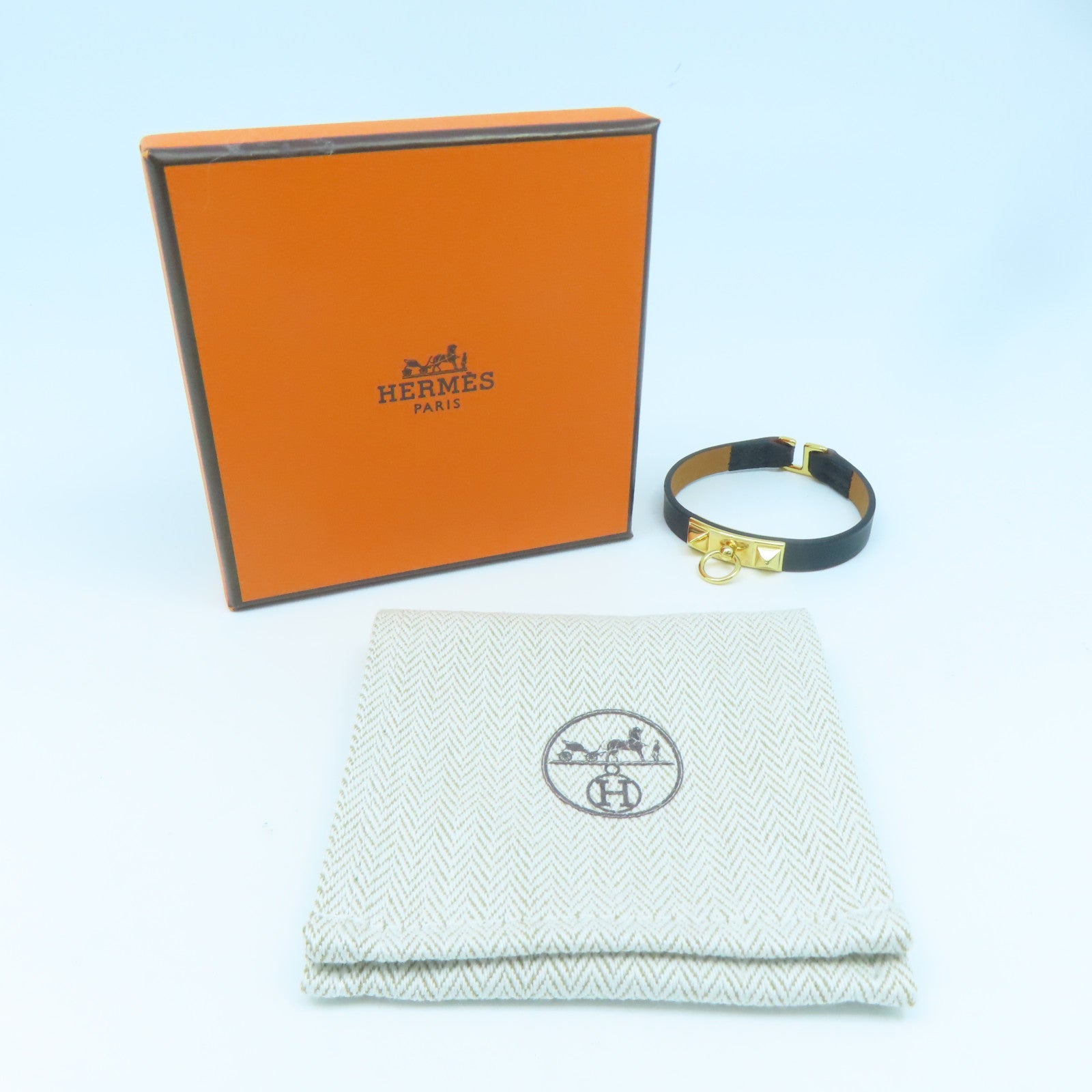 HERMES Swift皮革Rivale Mini Bracelet金扣手鏈黑色