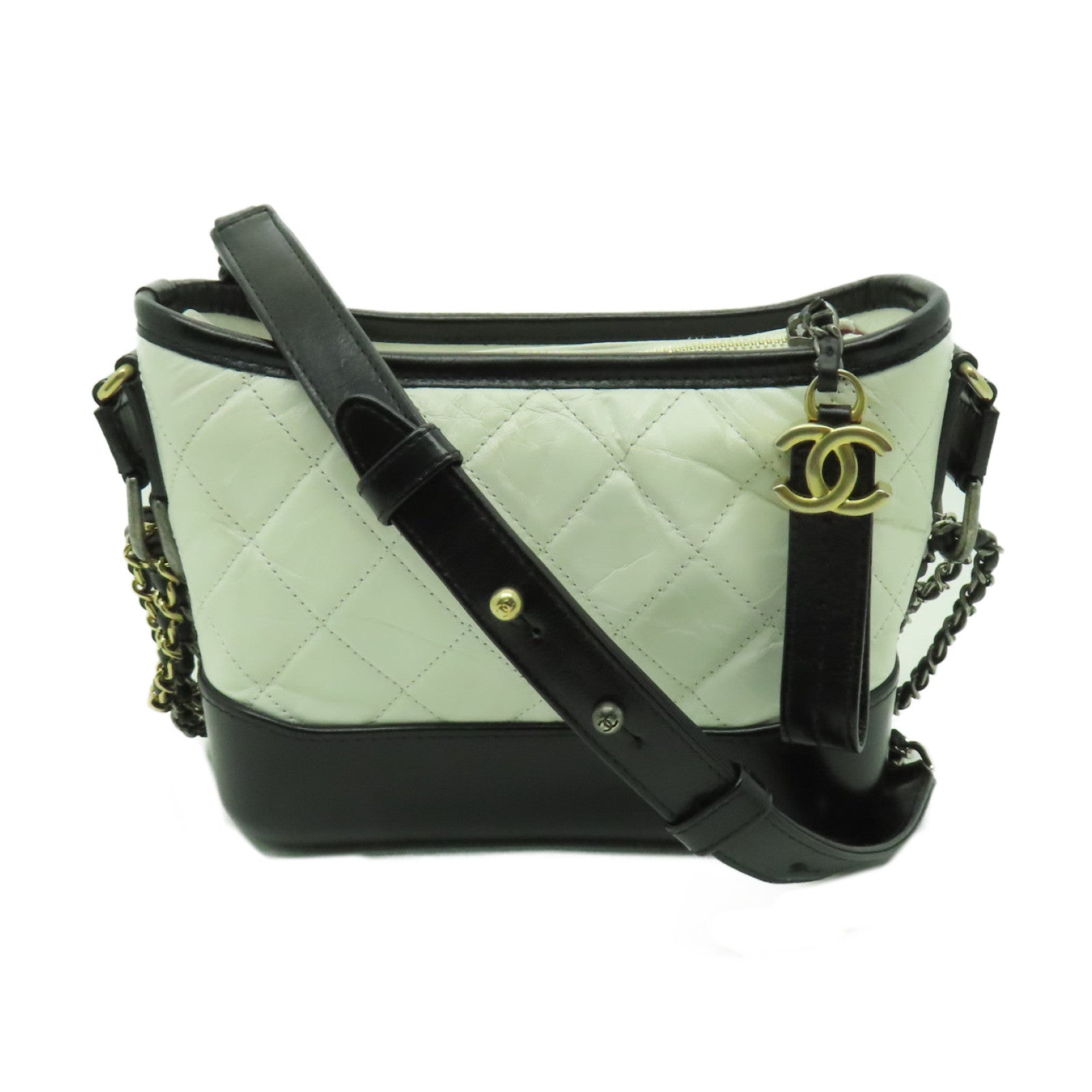 CHANEL 菱格牛皮皮革Gabrielle Hobo金扣/銀扣鏈帶肩背袋白色/黒色