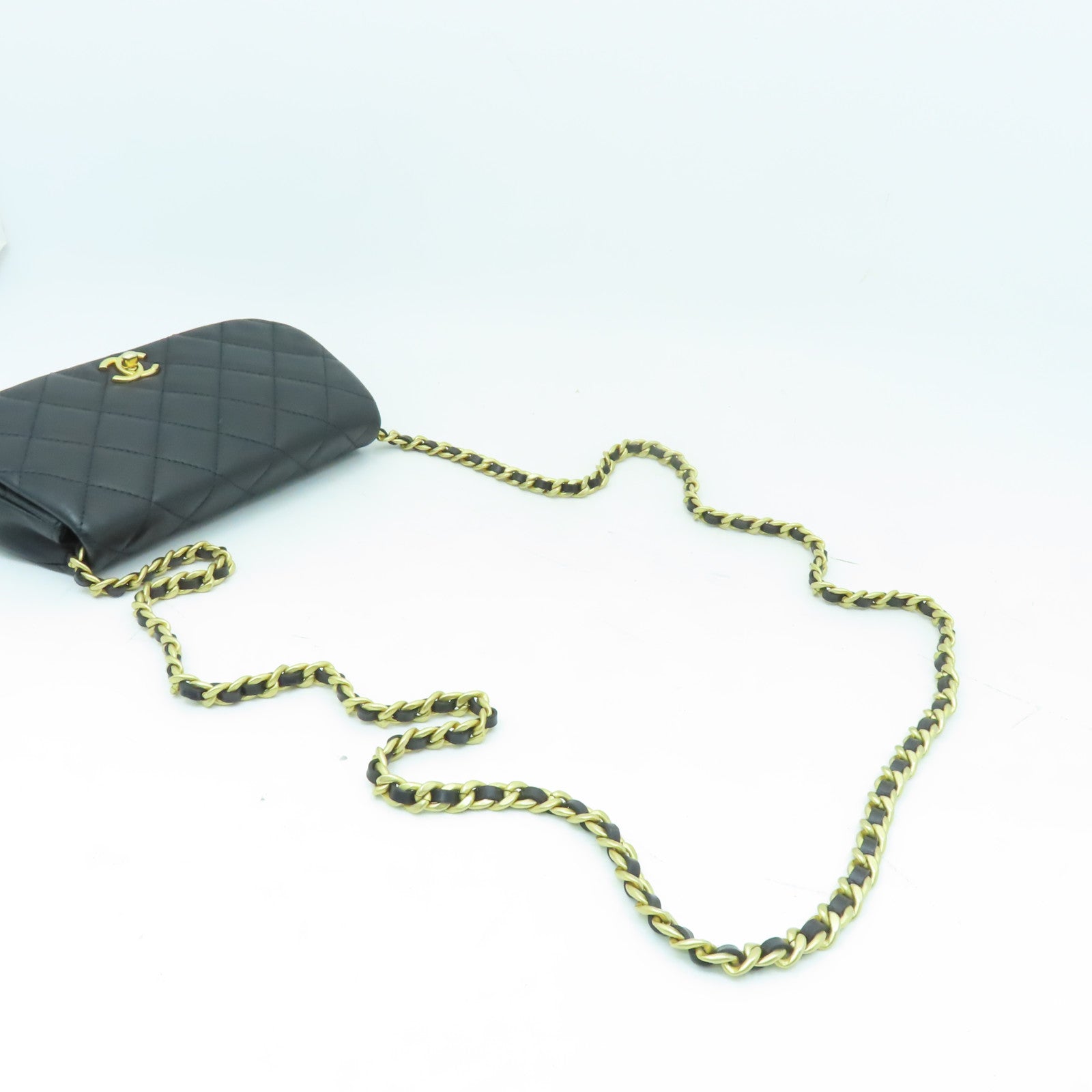 CHANEL 菱格牛皮皮革Chain Shoulder Bag金扣鏈帶肩背袋黒色