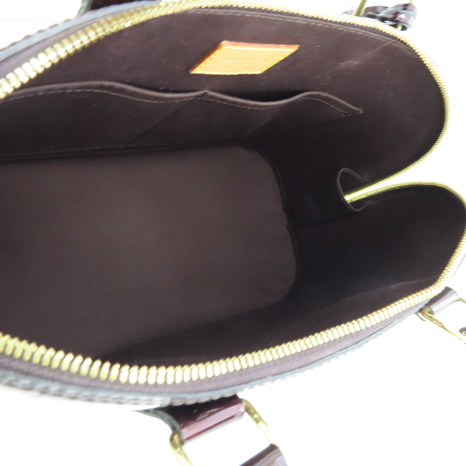 LOUIS VUITTON Monogram Vernis Alma PM gold buckle handle bag crimson