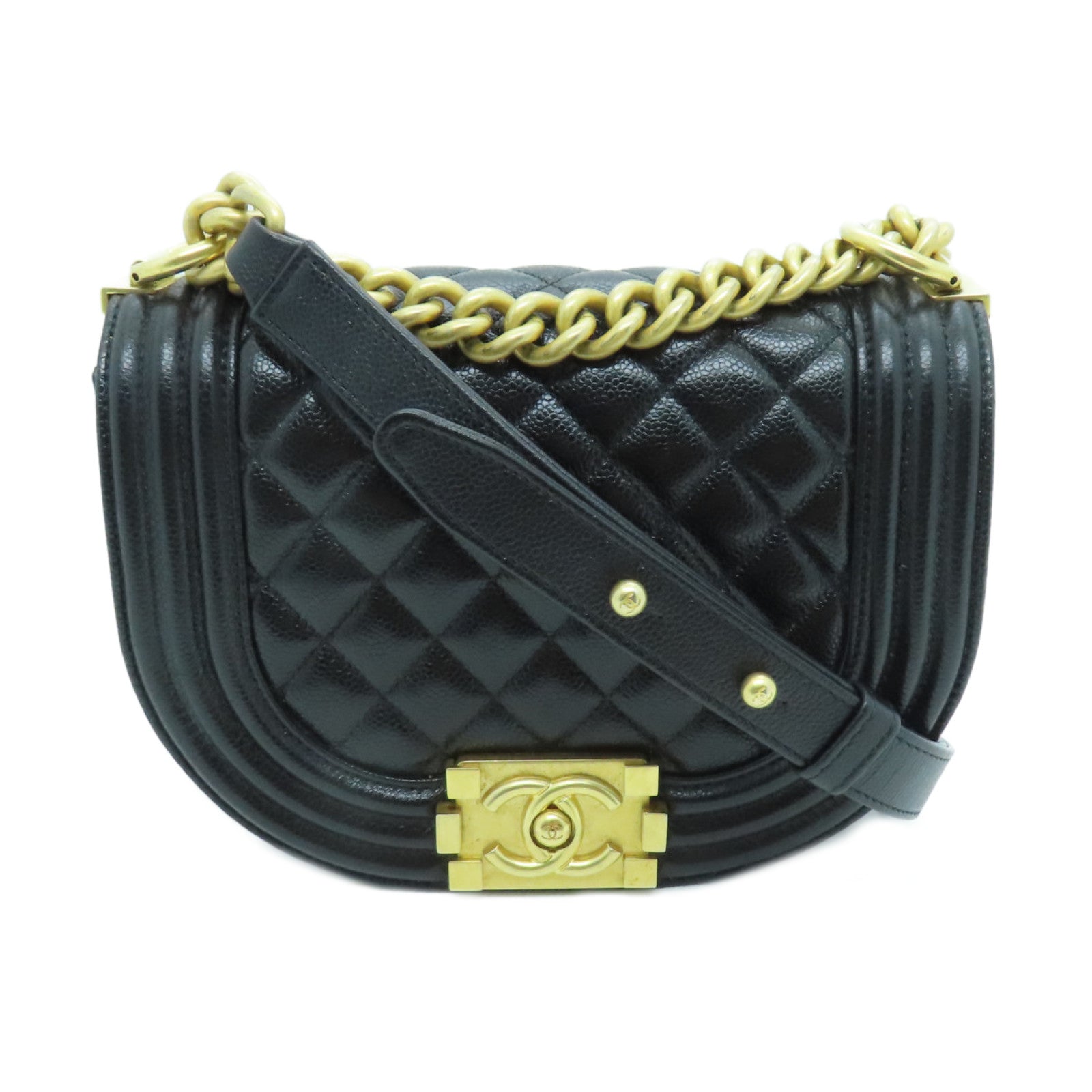 CHANEL 菱格Caviar皮革Boy Chain Shoulder金扣鏈帶肩背袋黑色