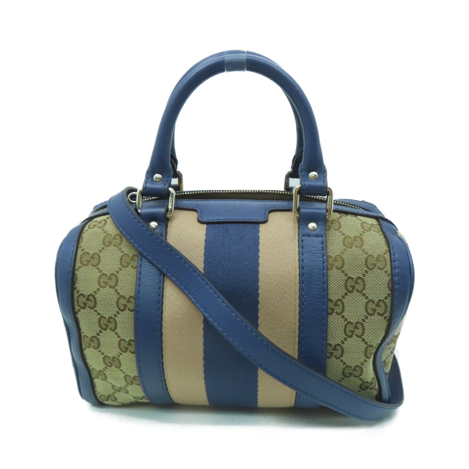 GUCCI 帆布Mini Boston Bag金扣手挽肩背兩用袋米色/藍色