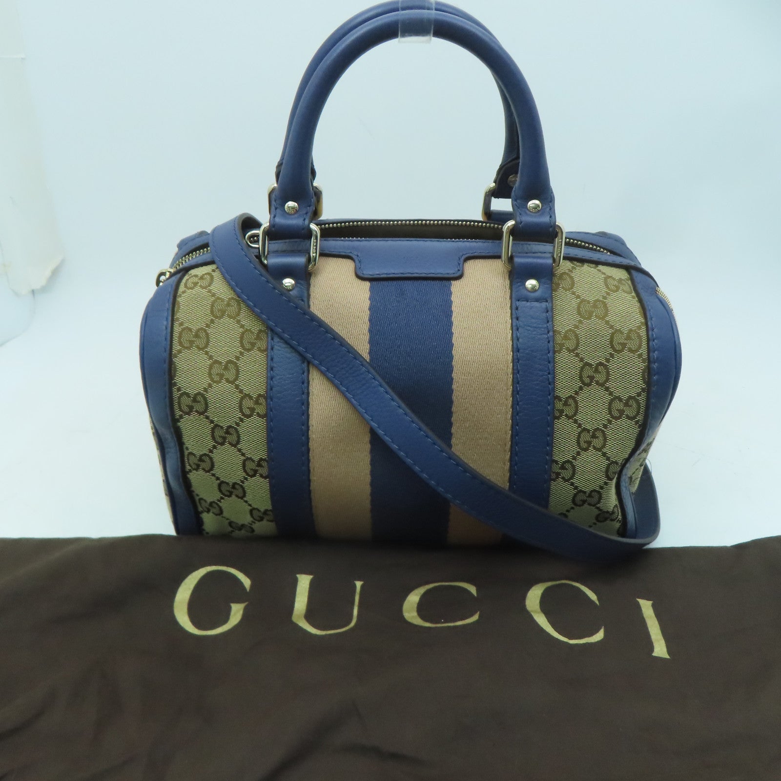 GUCCI 帆布Mini Boston Bag金扣手挽肩背兩用袋米色/藍色