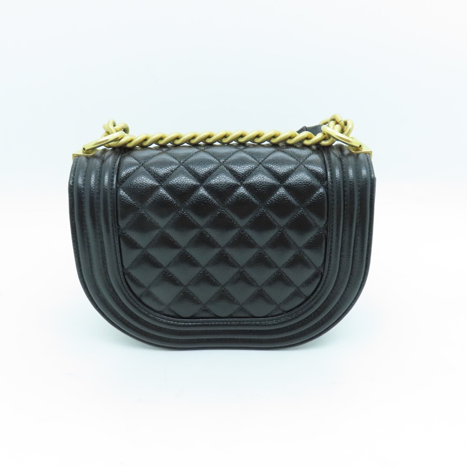 CHANEL 菱格Caviar皮革Boy Chain Shoulder金扣鏈帶肩背袋黑色