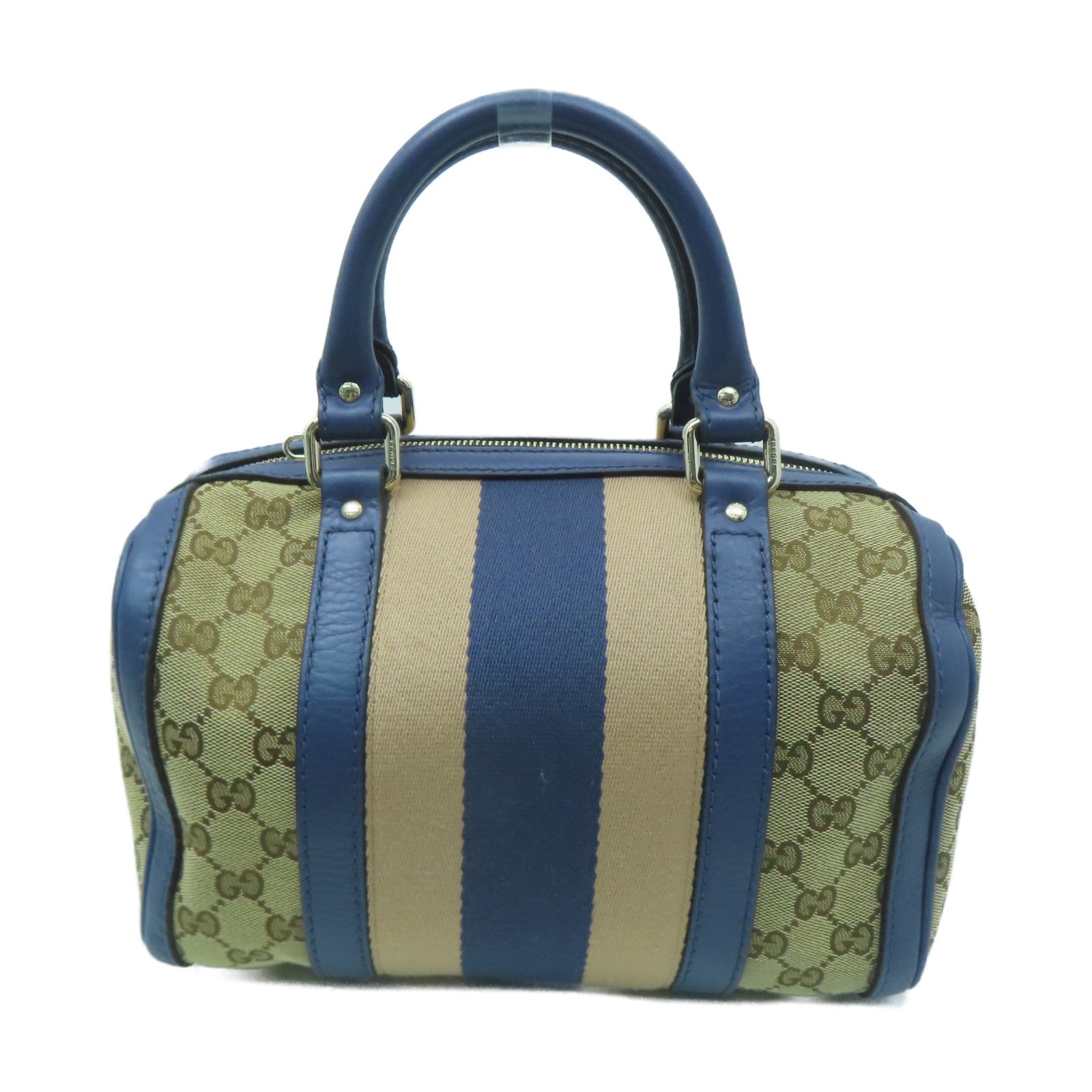 GUCCI 帆布Mini Boston Bag金扣手挽肩背兩用袋米色/藍色