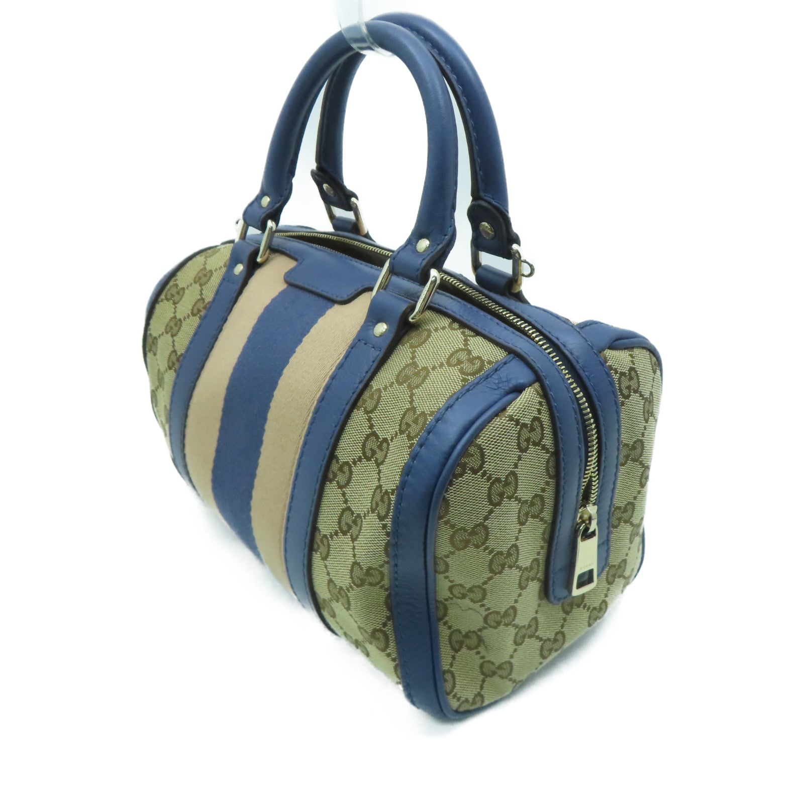 GUCCI 帆布Mini Boston Bag金扣手挽肩背兩用袋米色/藍色