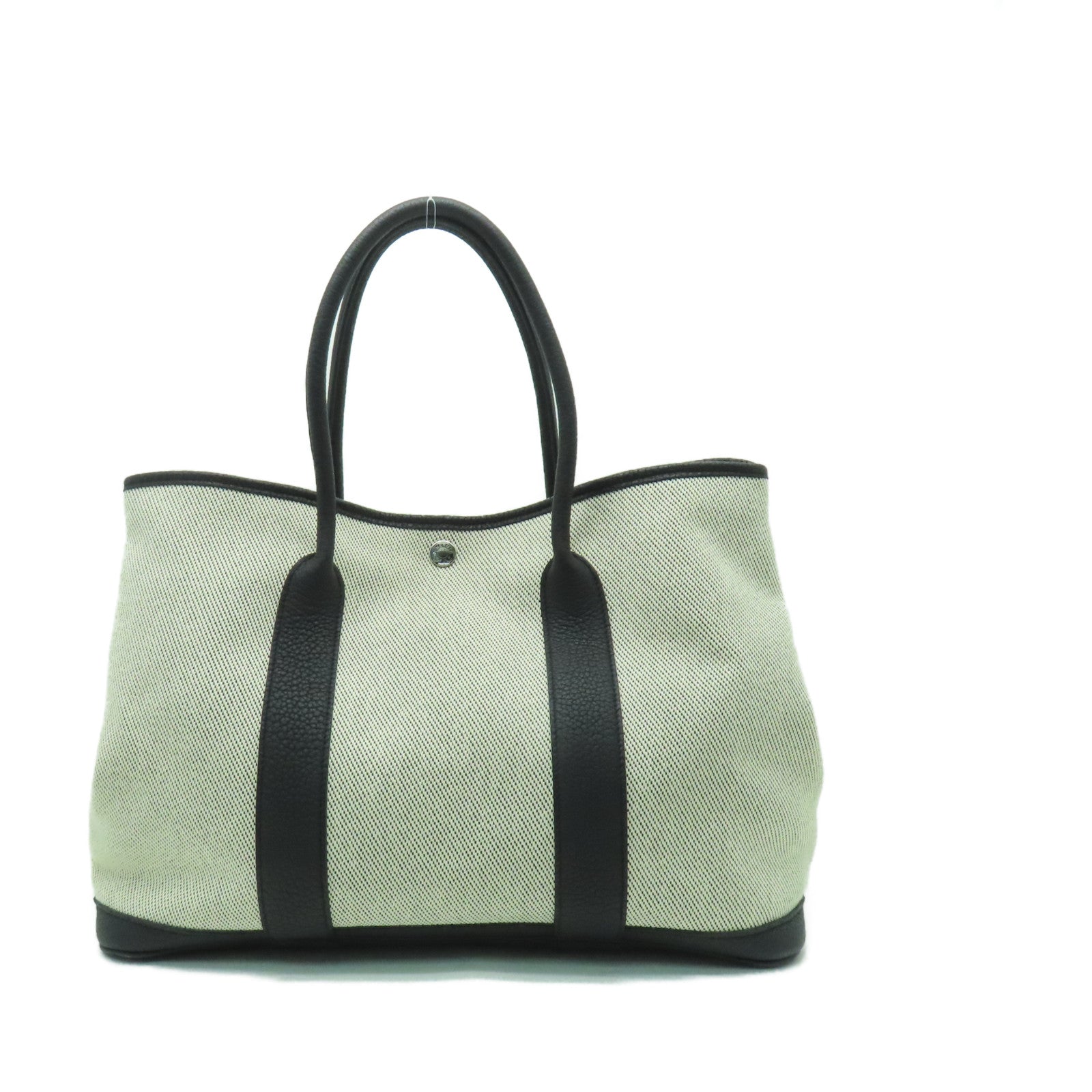HERMES 帆布Garden Party PM銀扣手挽袋米色/黑色