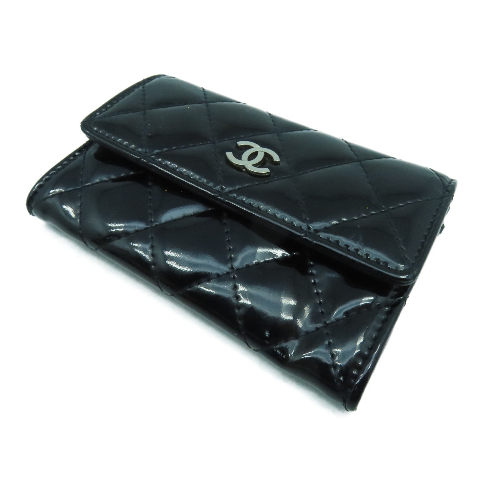 CHANEL 菱格漆皮皮革Card Case銀扣卡片套黑色