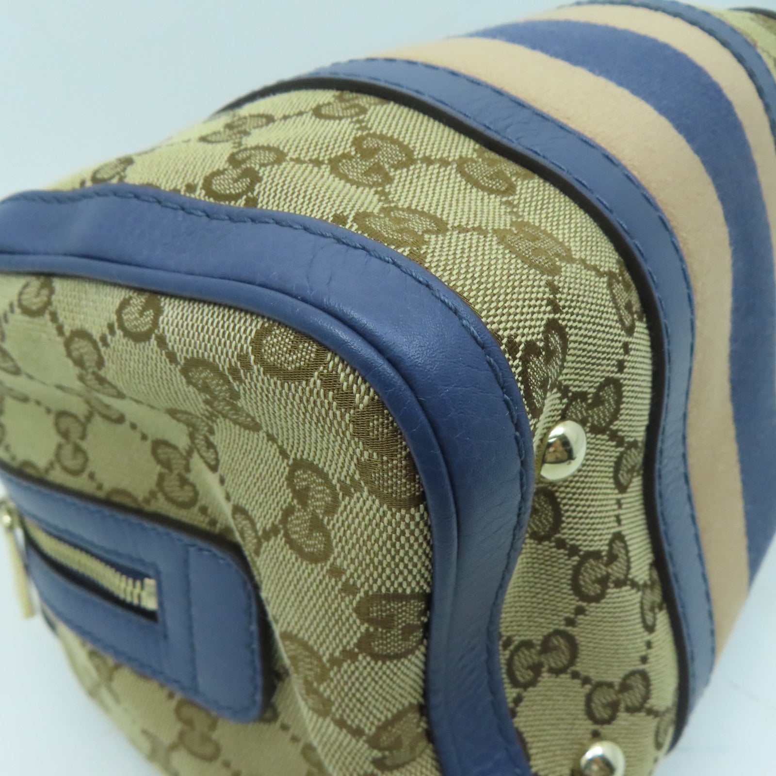 GUCCI 帆布Mini Boston Bag金扣手挽肩背兩用袋米色/藍色