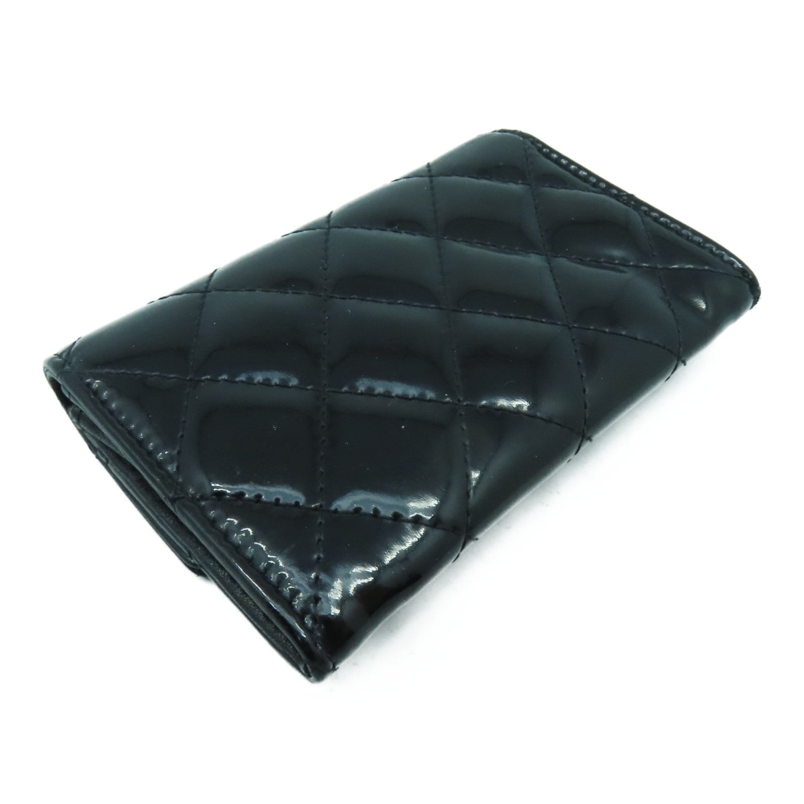 CHANEL 菱格漆皮皮革Card Case銀扣卡片套黑色