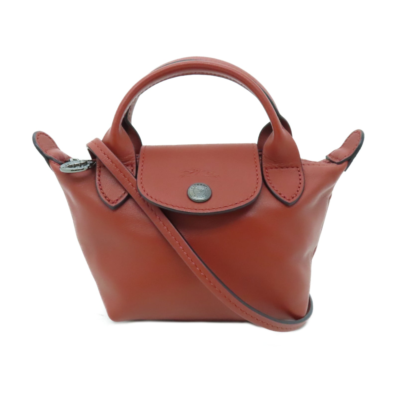 Longchamp 牛皮皮革2 Way Shoulder銀扣手挽肩背兩用袋啡色