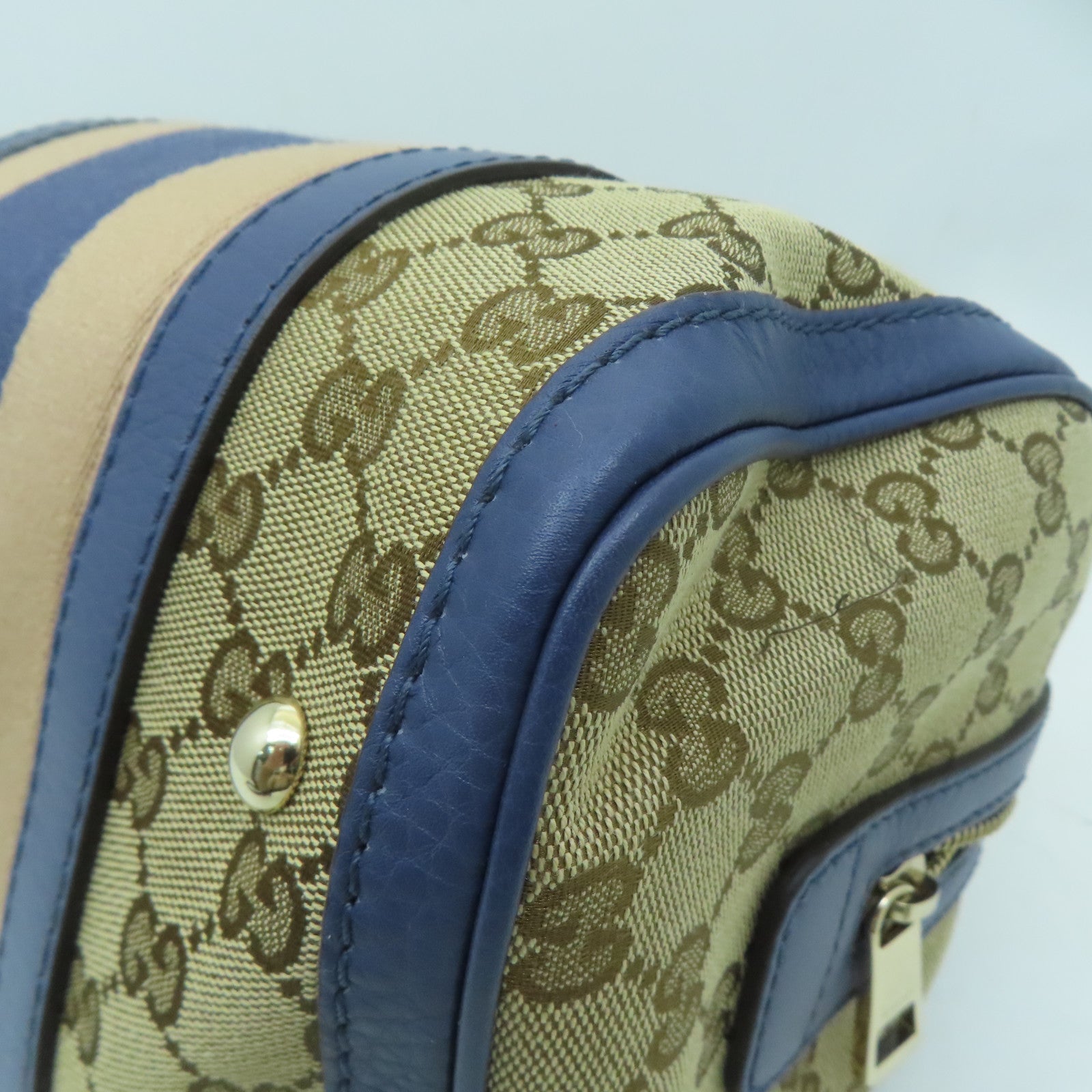 GUCCI 帆布Mini Boston Bag金扣手挽肩背兩用袋米色/藍色