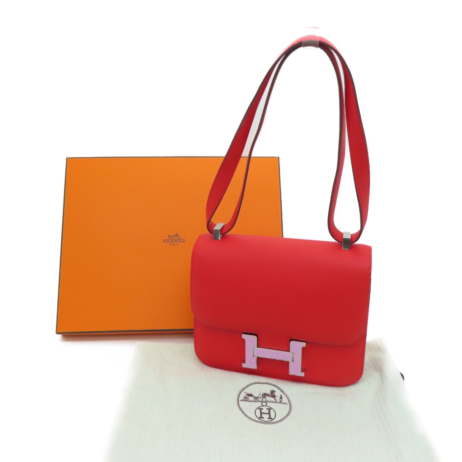 HERMES 【激减优惠】Epsom皮革Constance 24银扣/粉粉扣肩背袋Rouge de coeur/红色