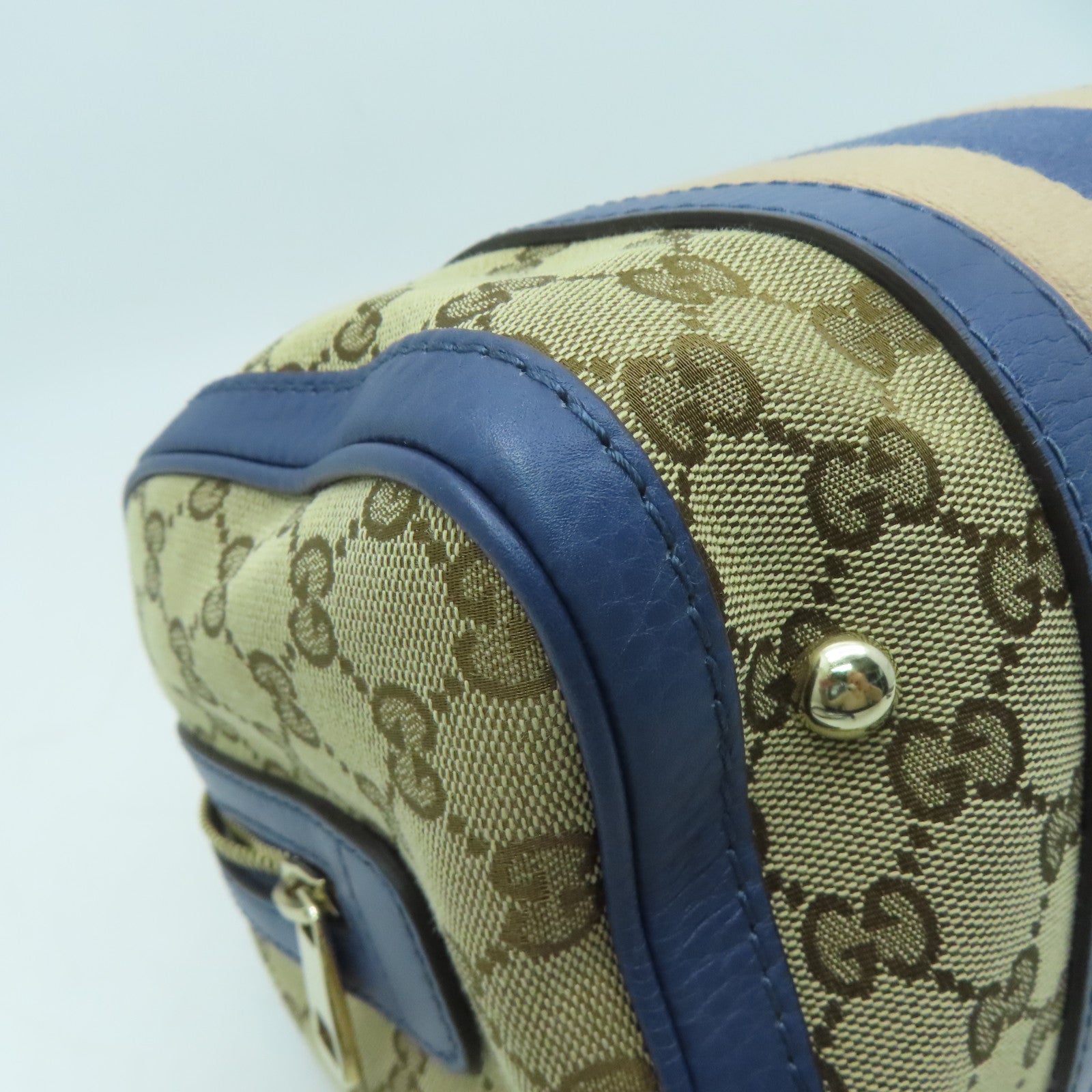 GUCCI 帆布Mini Boston Bag金扣手挽肩背兩用袋米色/藍色