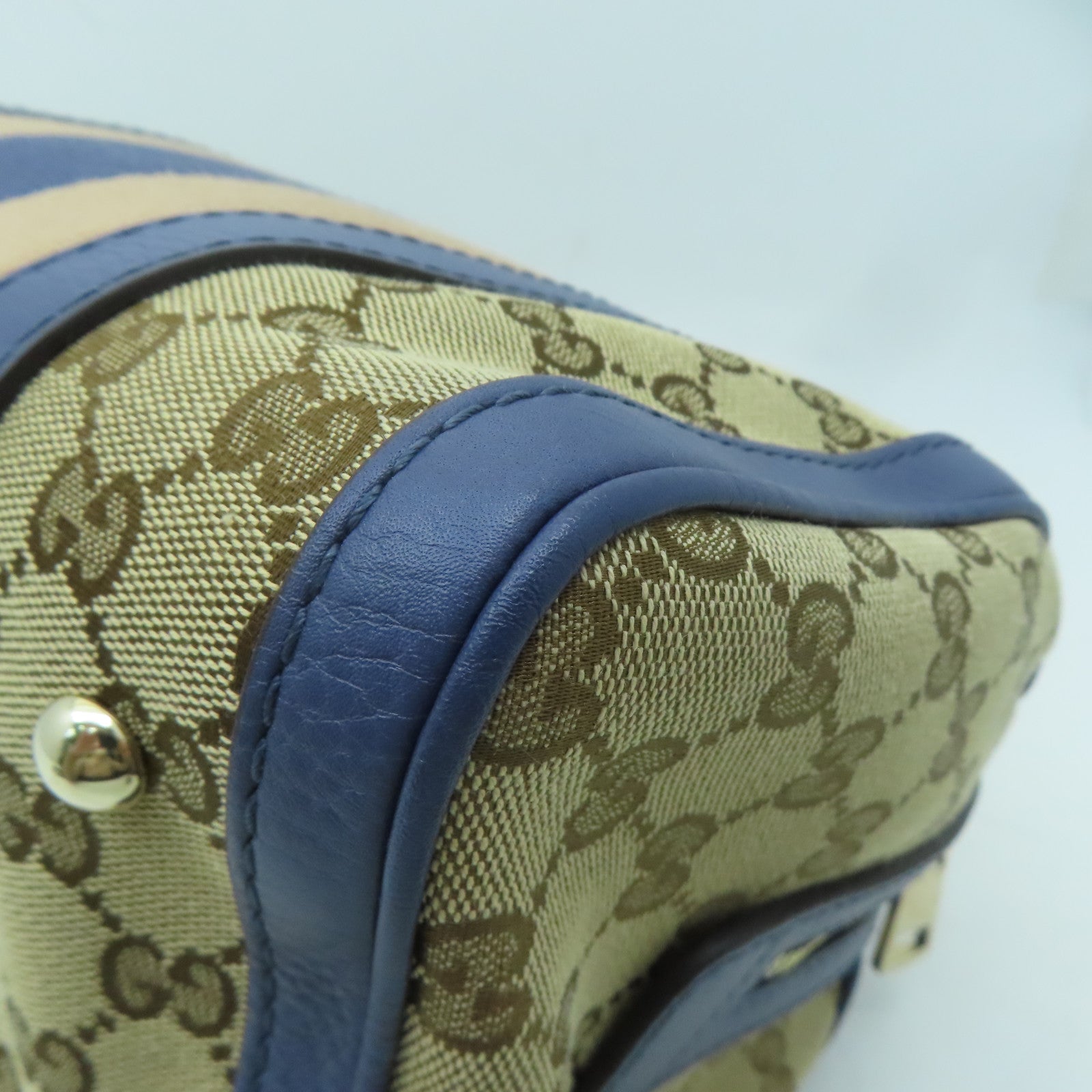 GUCCI 帆布Mini Boston Bag金扣手挽肩背兩用袋米色/藍色