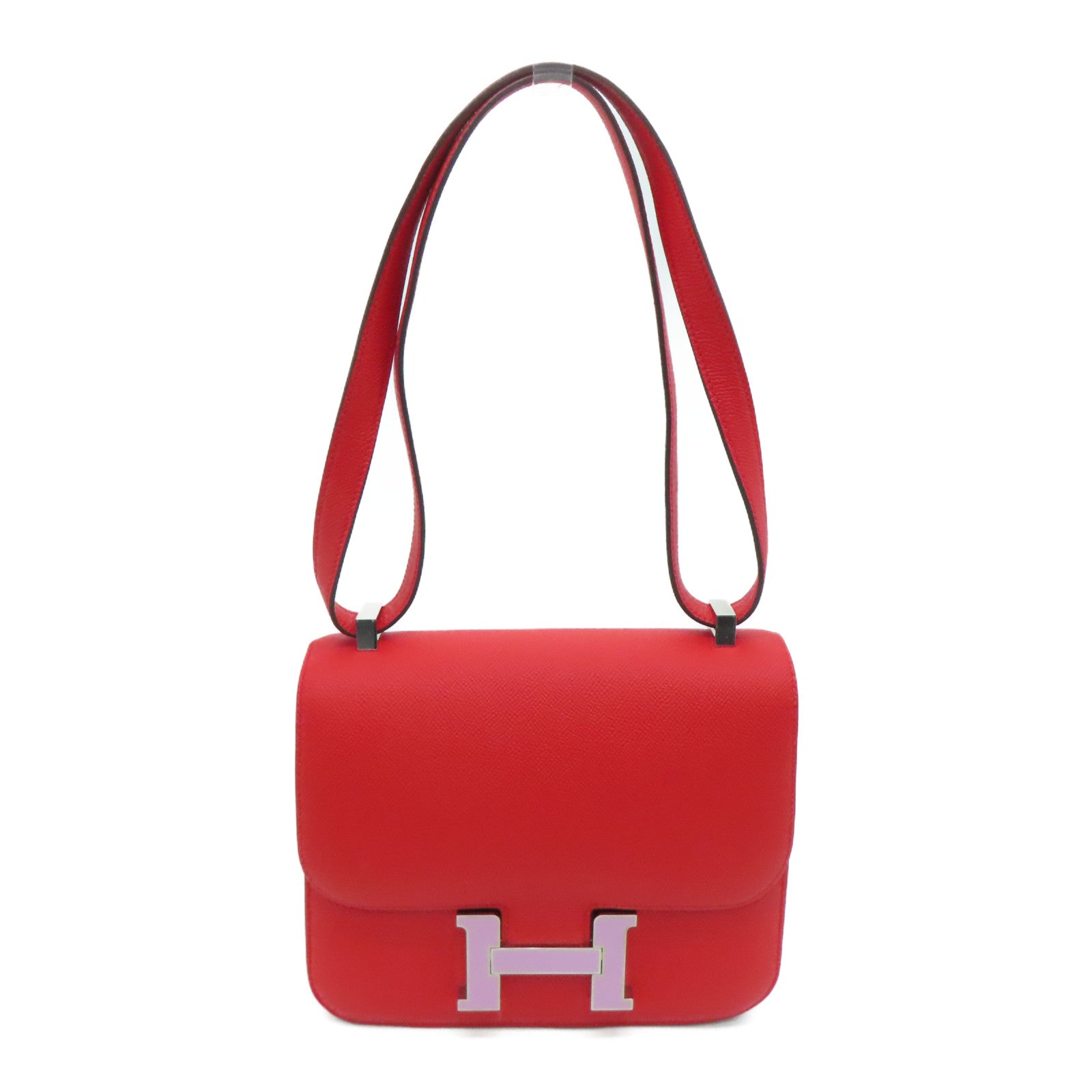 HERMES 【激减优惠】Epsom皮革Constance 24银扣/粉粉扣肩背袋Rouge de coeur/红色