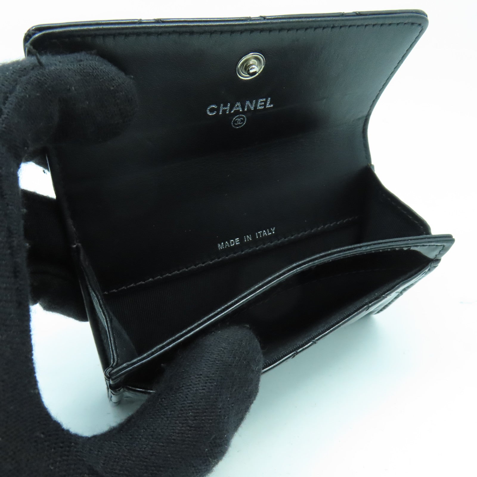 CHANEL 菱格漆皮皮革Card Case銀扣卡片套黑色