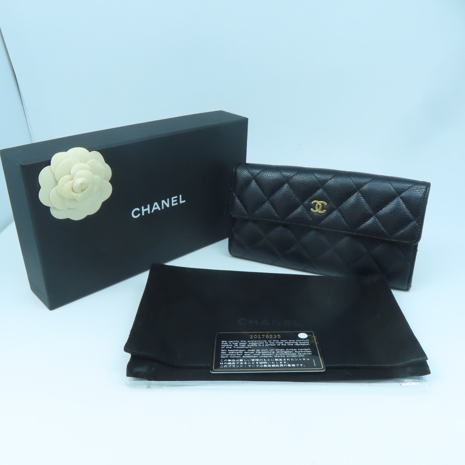 CHANEL 菱格牛皮皮革Long Wallet金扣長錢包黑色