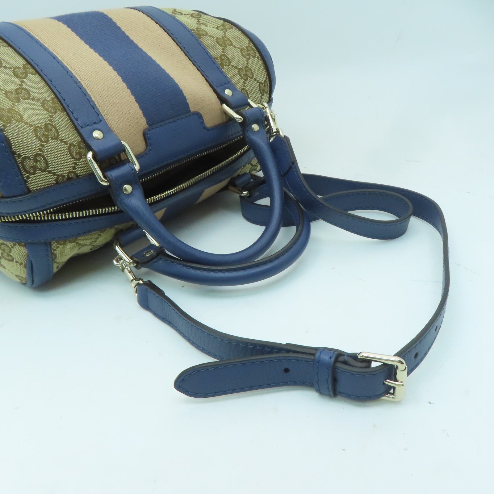 GUCCI 帆布Mini Boston Bag金扣手挽肩背兩用袋米色/藍色
