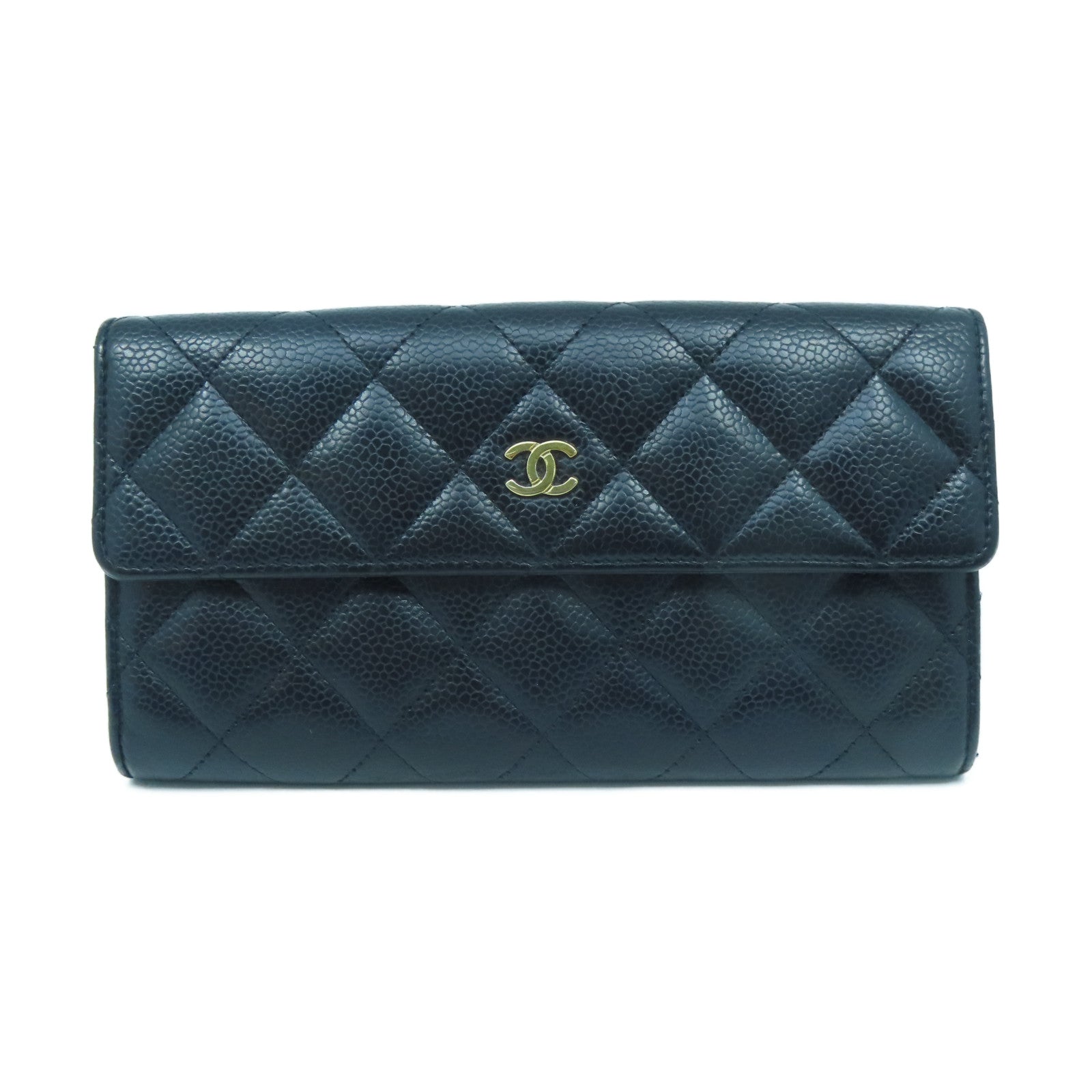 CHANEL 菱格牛皮皮革Long Wallet金扣長錢包黑色