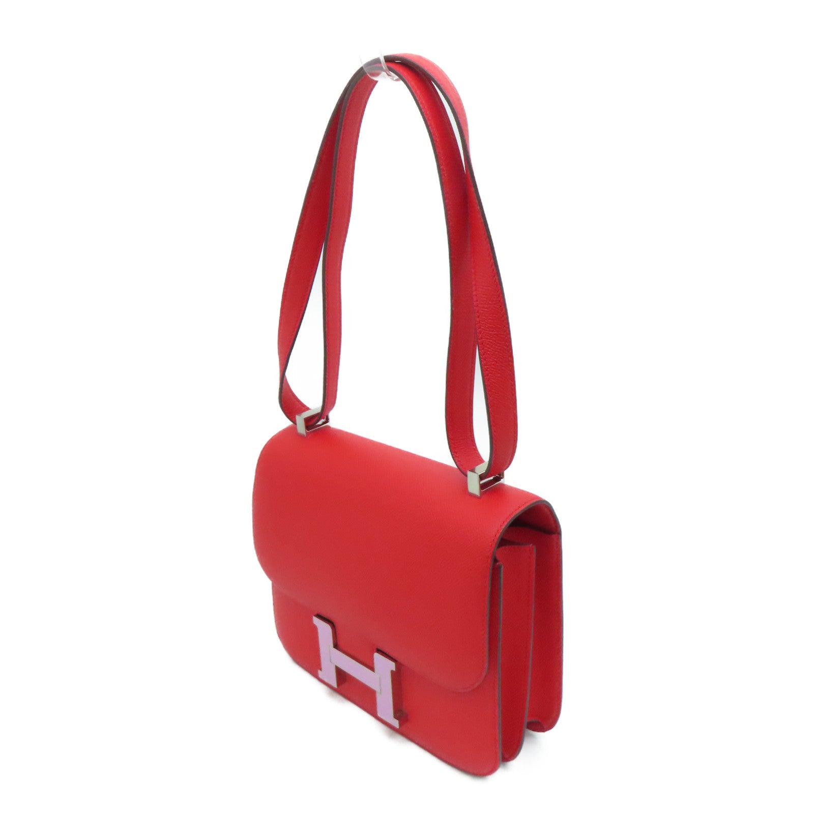 HERMES 【激减优惠】Epsom皮革Constance 24银扣/粉粉扣肩背袋Rouge de coeur/红色
