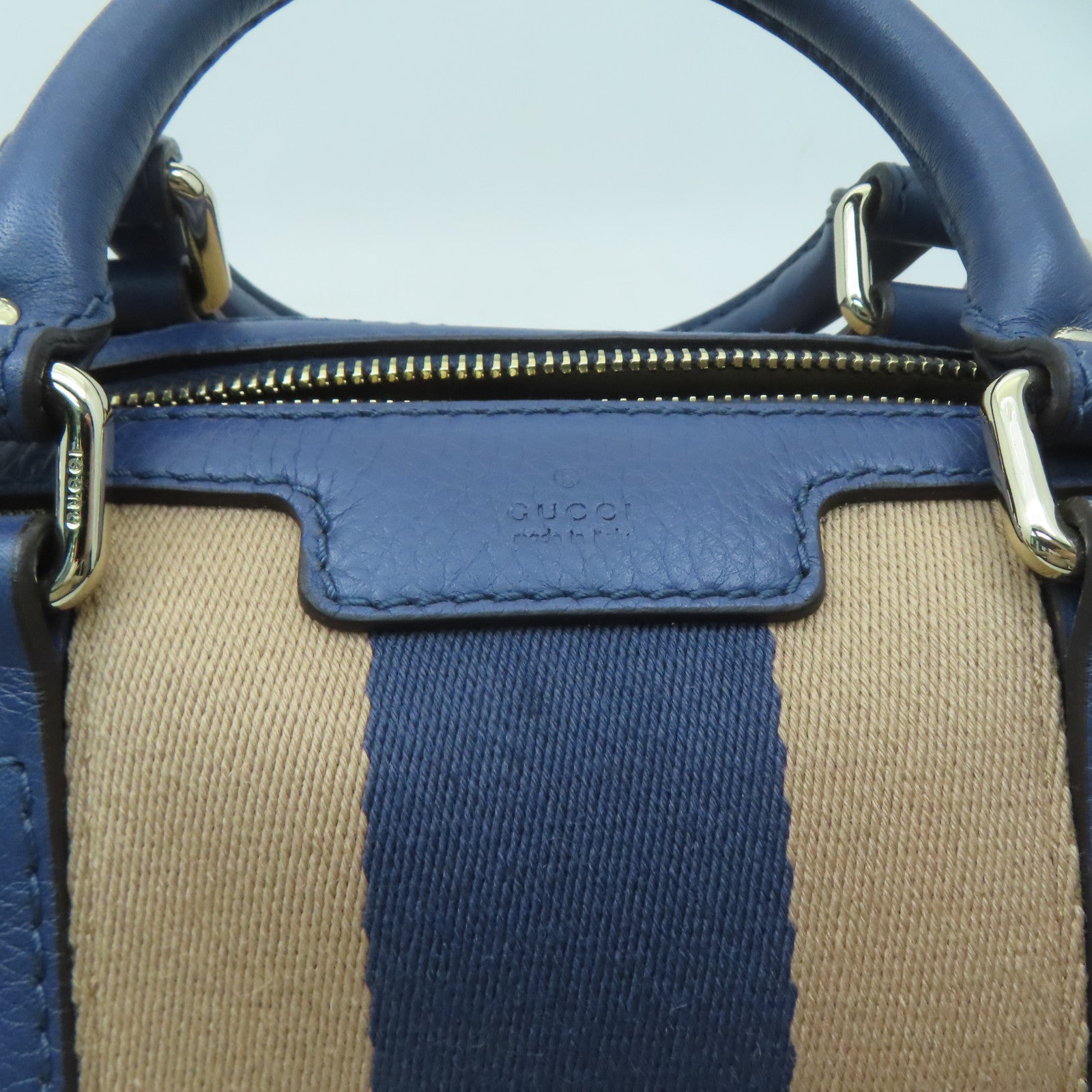 GUCCI 帆布Mini Boston Bag金扣手挽肩背兩用袋米色/藍色