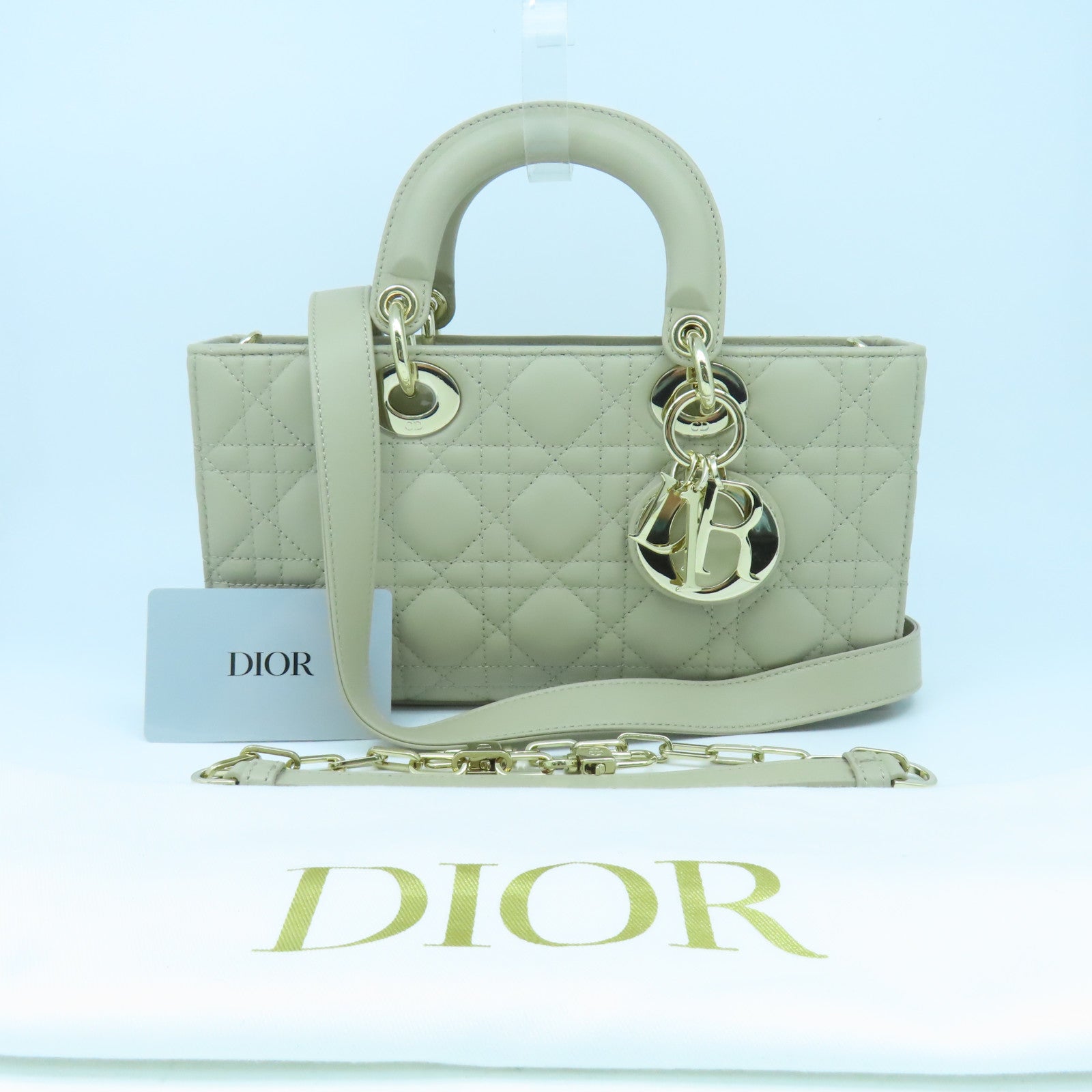 Dior 羊皮皮革Lady D-Joy金扣手挽肩背兩用袋米色