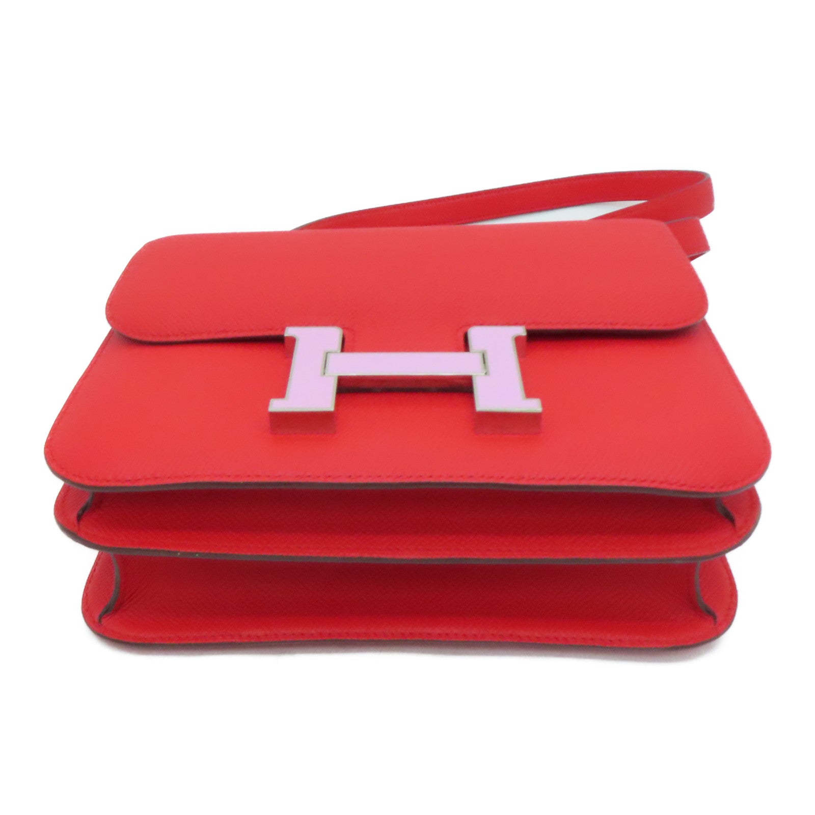 HERMES 【激减优惠】Epsom皮革Constance 24银扣/粉粉扣肩背袋Rouge de coeur/红色