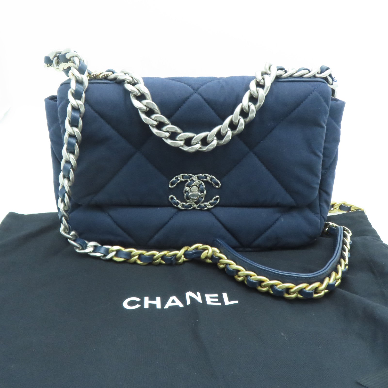 CHANEL 菱格布Chanel 19手挽肩背兩用袋藍色