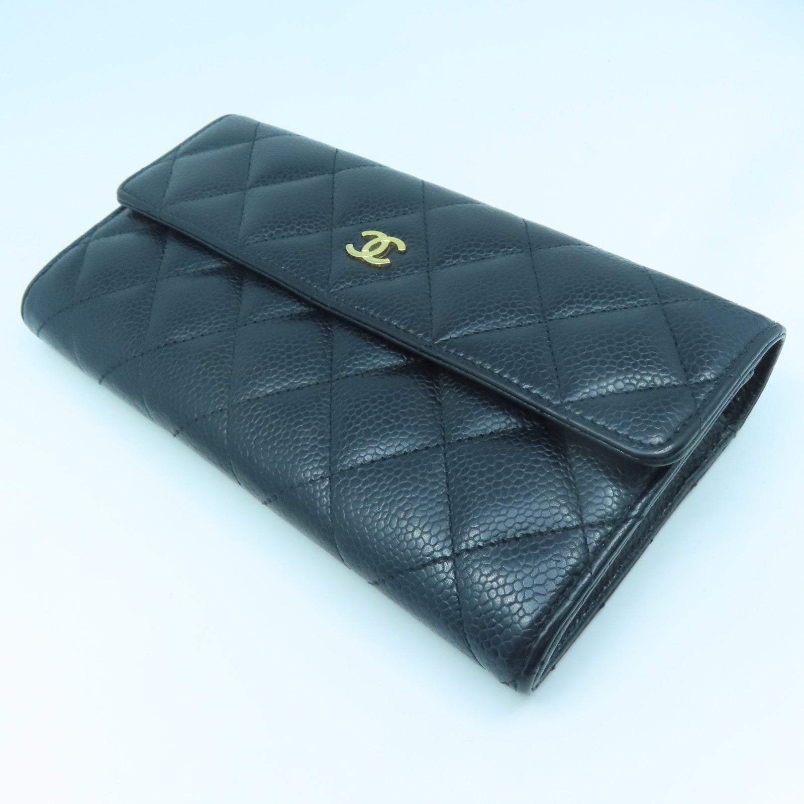 CHANEL 菱格牛皮皮革Long Wallet金扣長錢包黑色