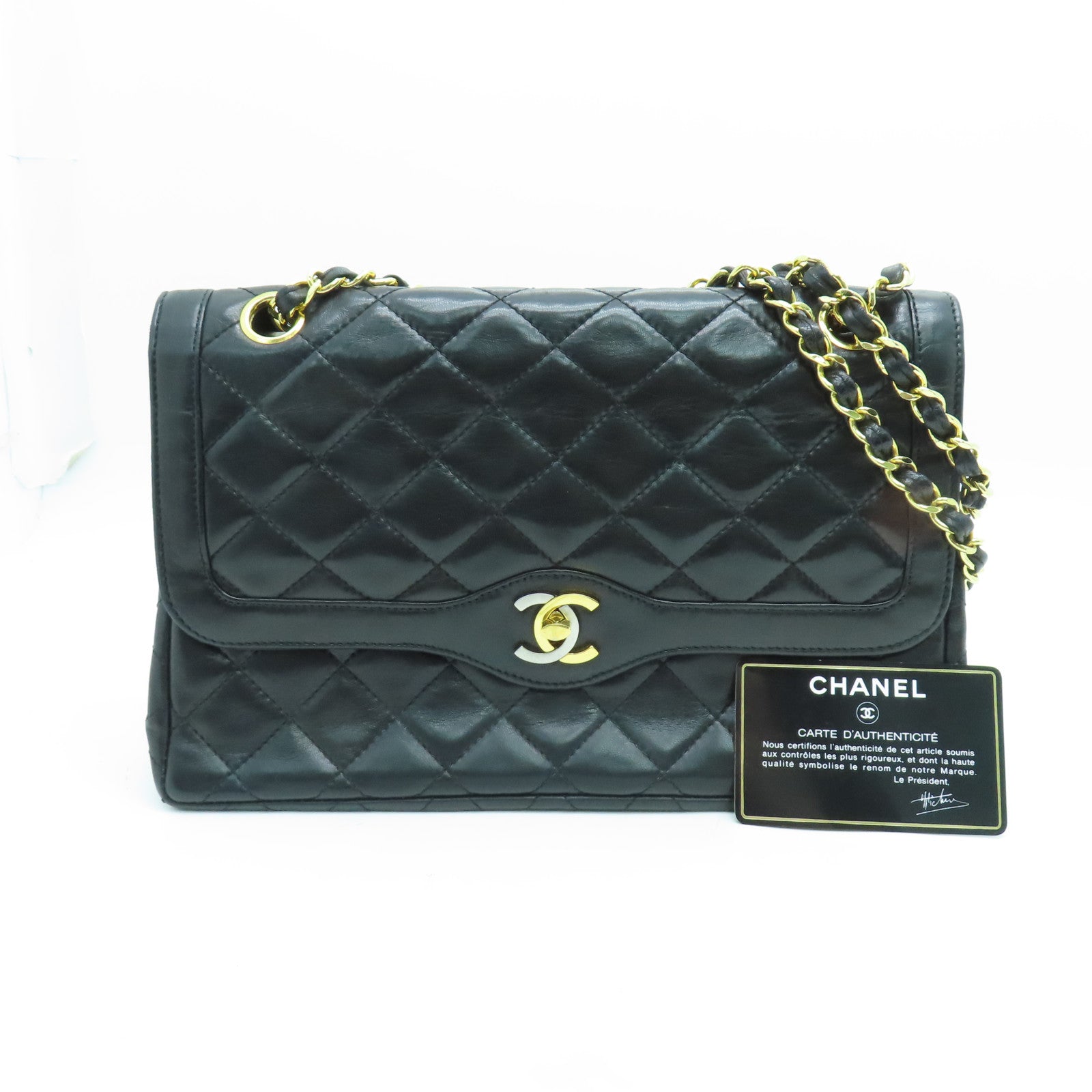 CHANEL 菱格羊皮皮革Chain Shoulder链带肩背袋金扣黑色
