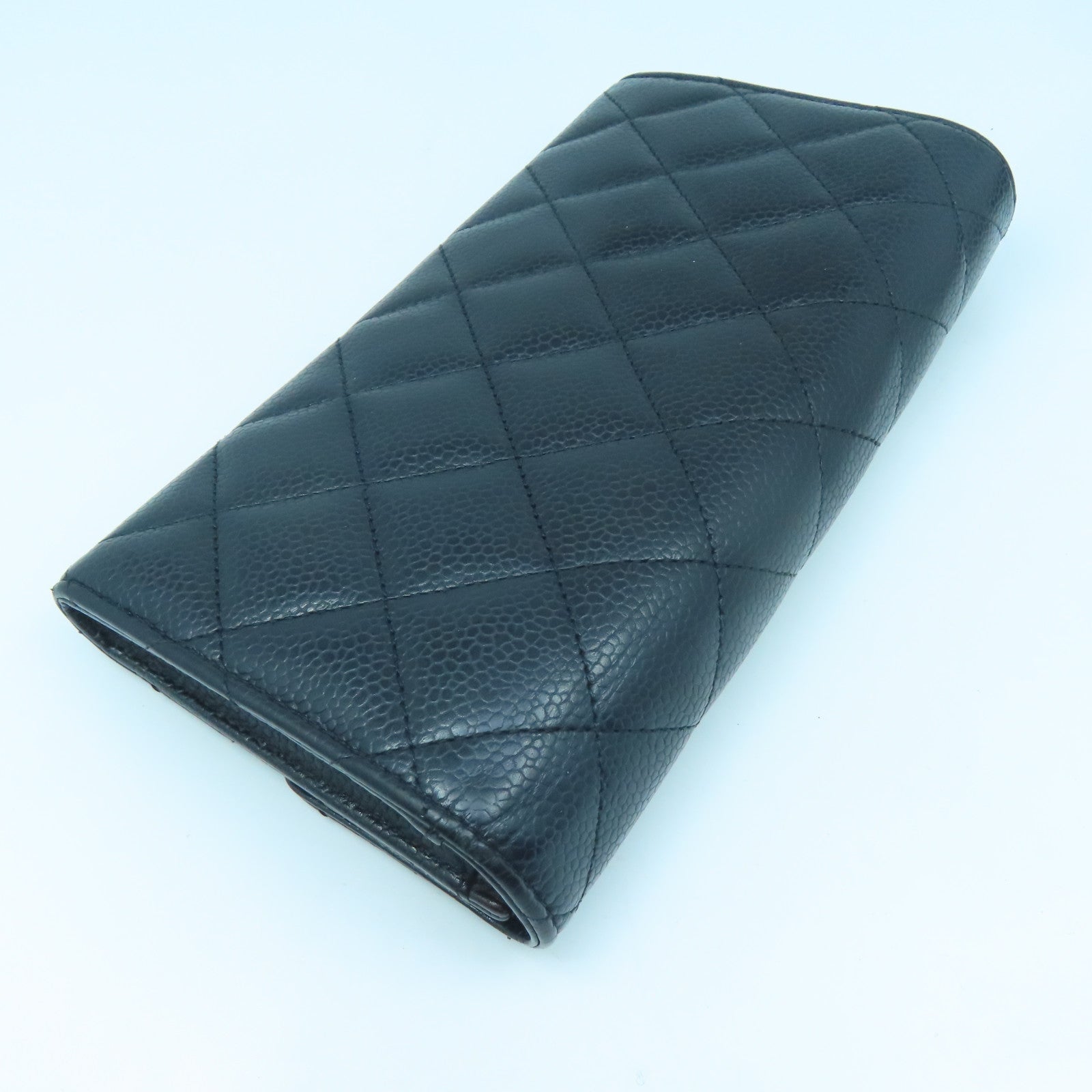 CHANEL 菱格牛皮皮革Long Wallet金扣長錢包黑色
