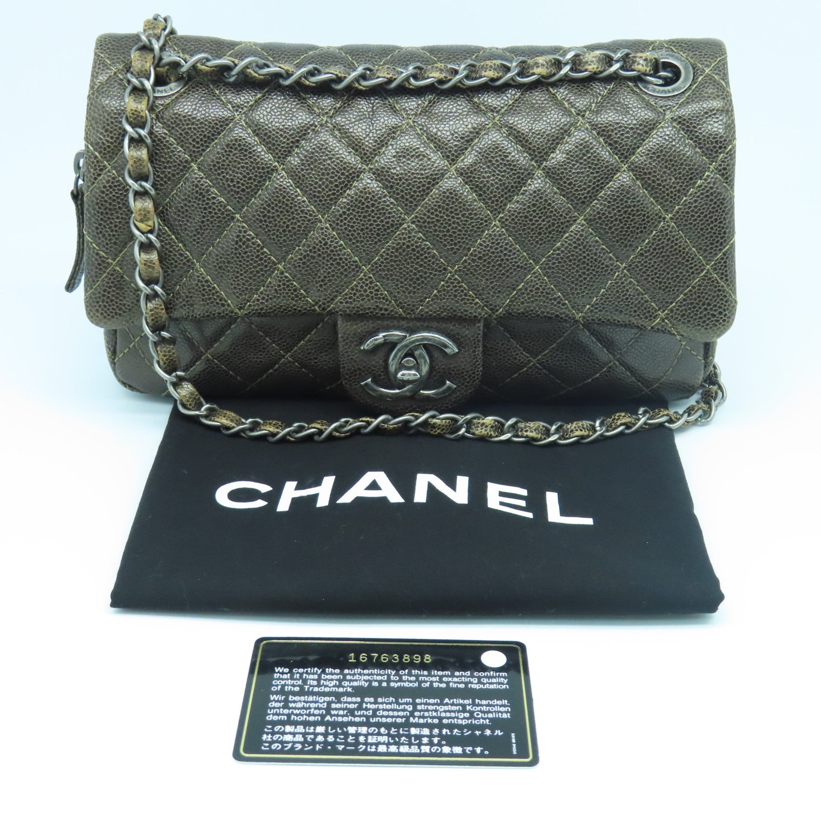 CHANEL 菱格Caviar皮革Chain Shoulder Bag银扣链带肩背袋啡色
