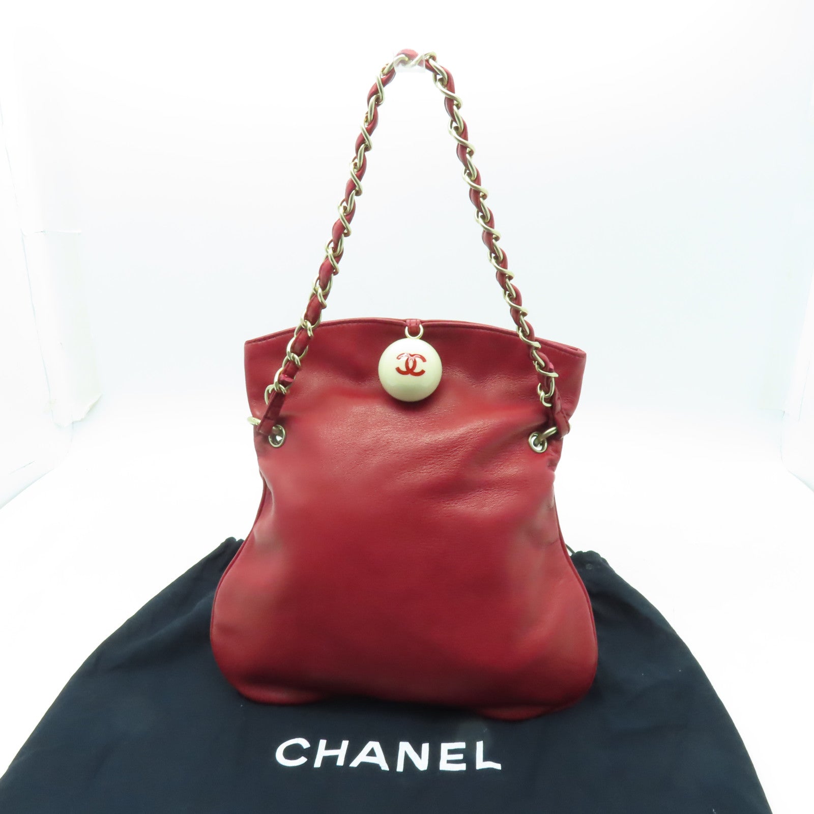 CHANEL 羊皮皮革Chain Shoulder Bag金扣鏈帶肩背袋紅色