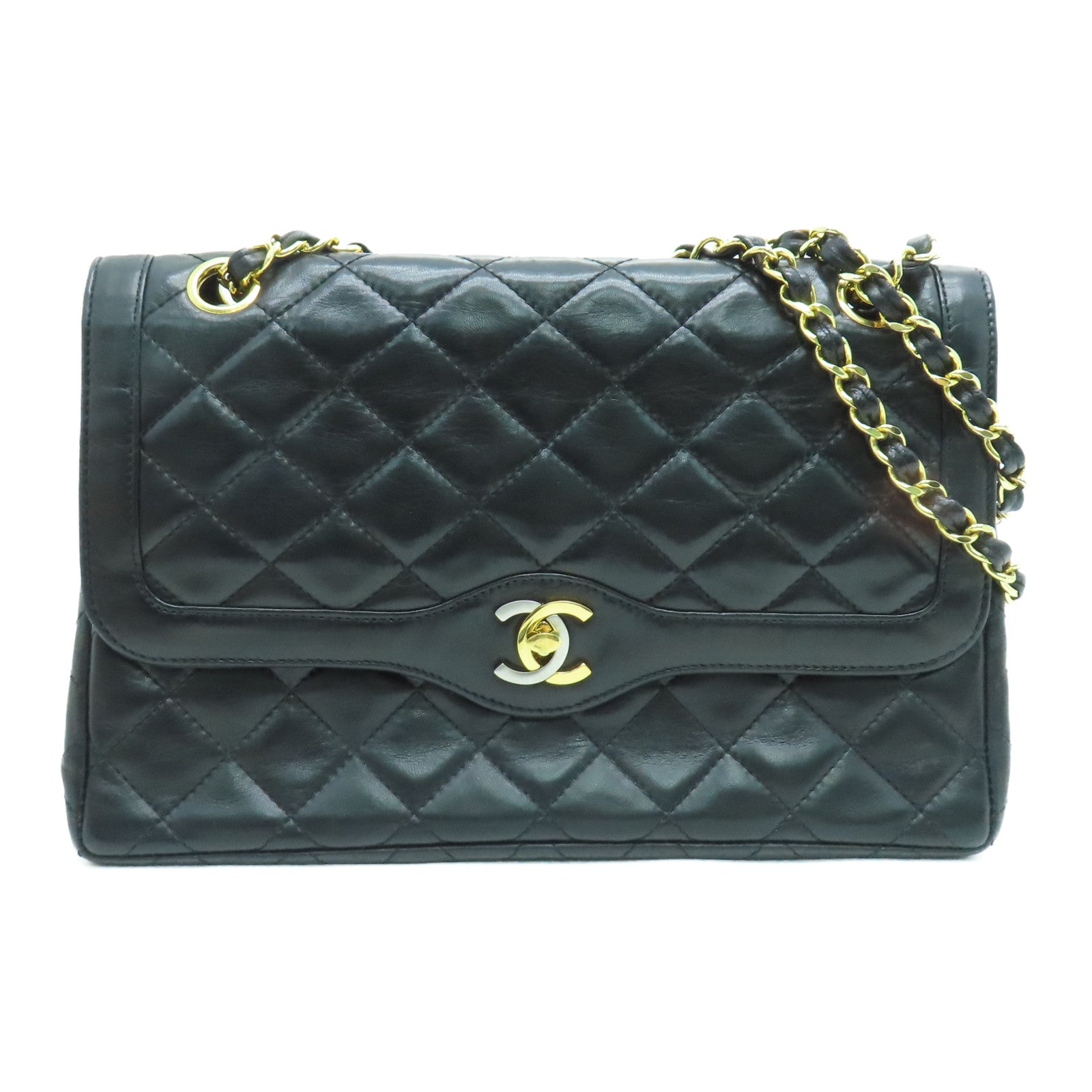 CHANEL 菱格羊皮皮革Chain Shoulder链带肩背袋金扣黑色