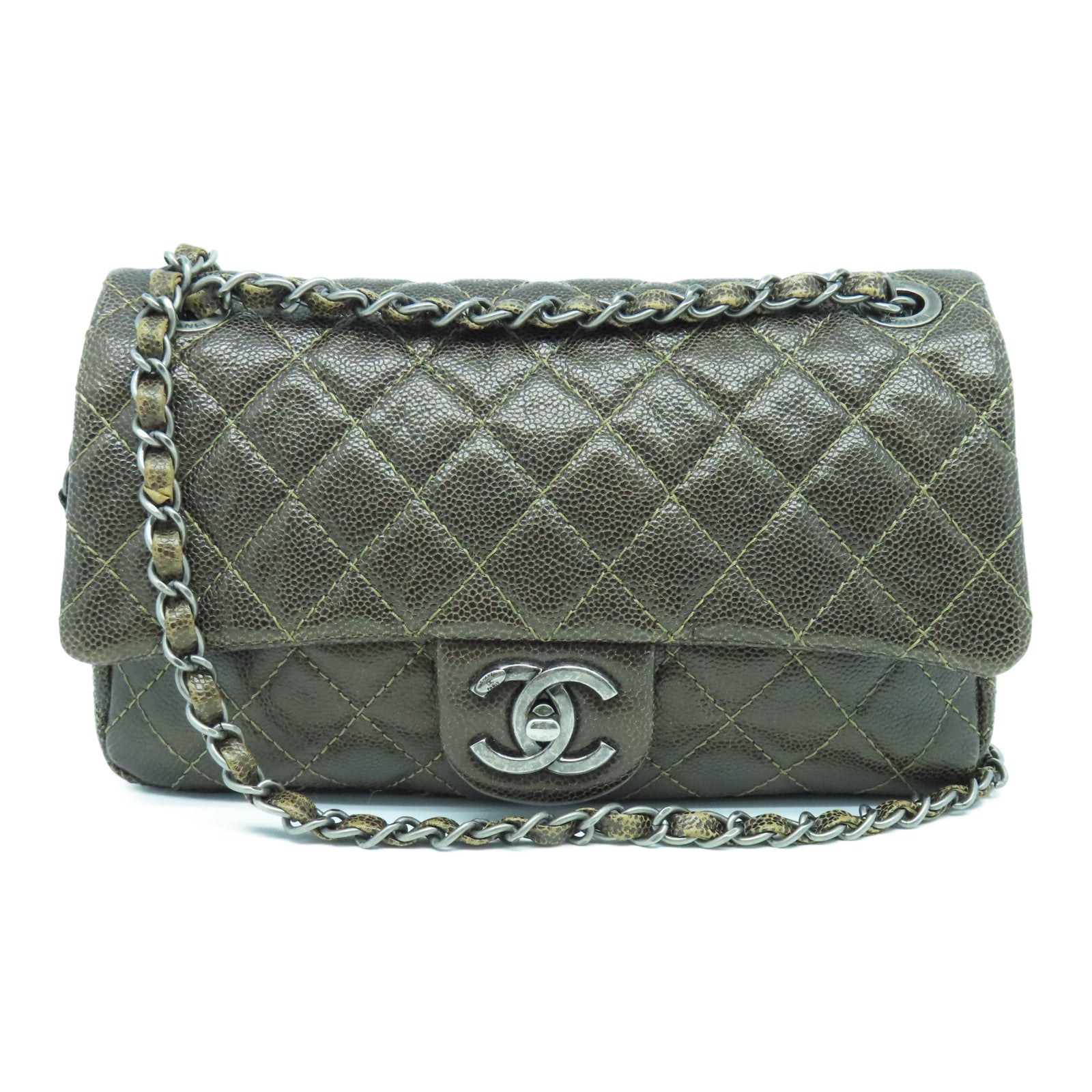 CHANEL 菱格Caviar皮革Chain Shoulder Bag银扣链带肩背袋啡色