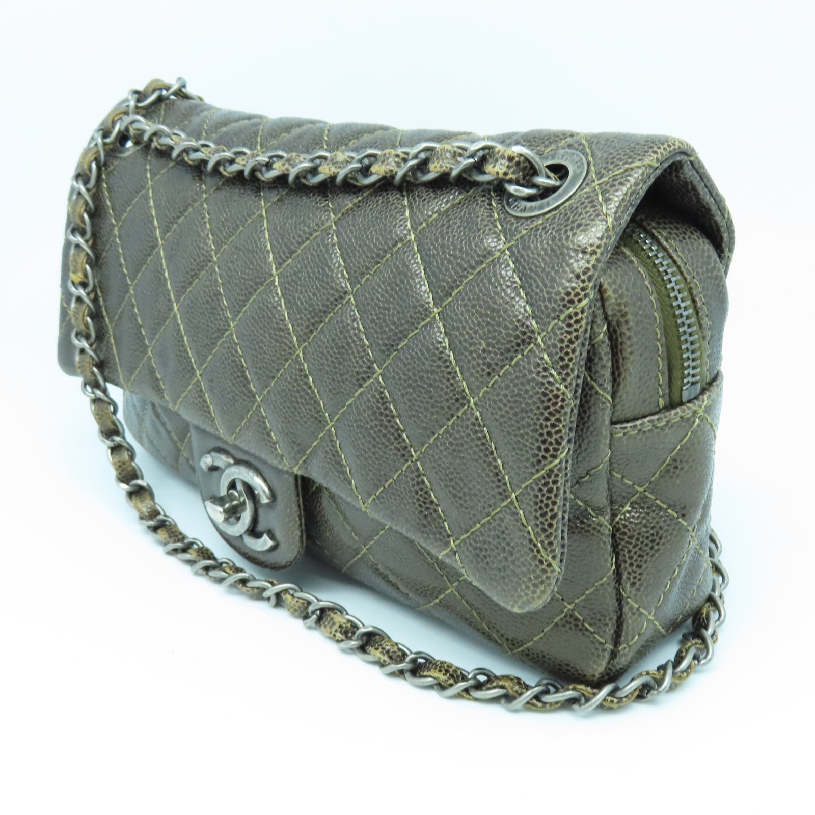CHANEL 菱格Caviar皮革Chain Shoulder Bag银扣链带肩背袋啡色