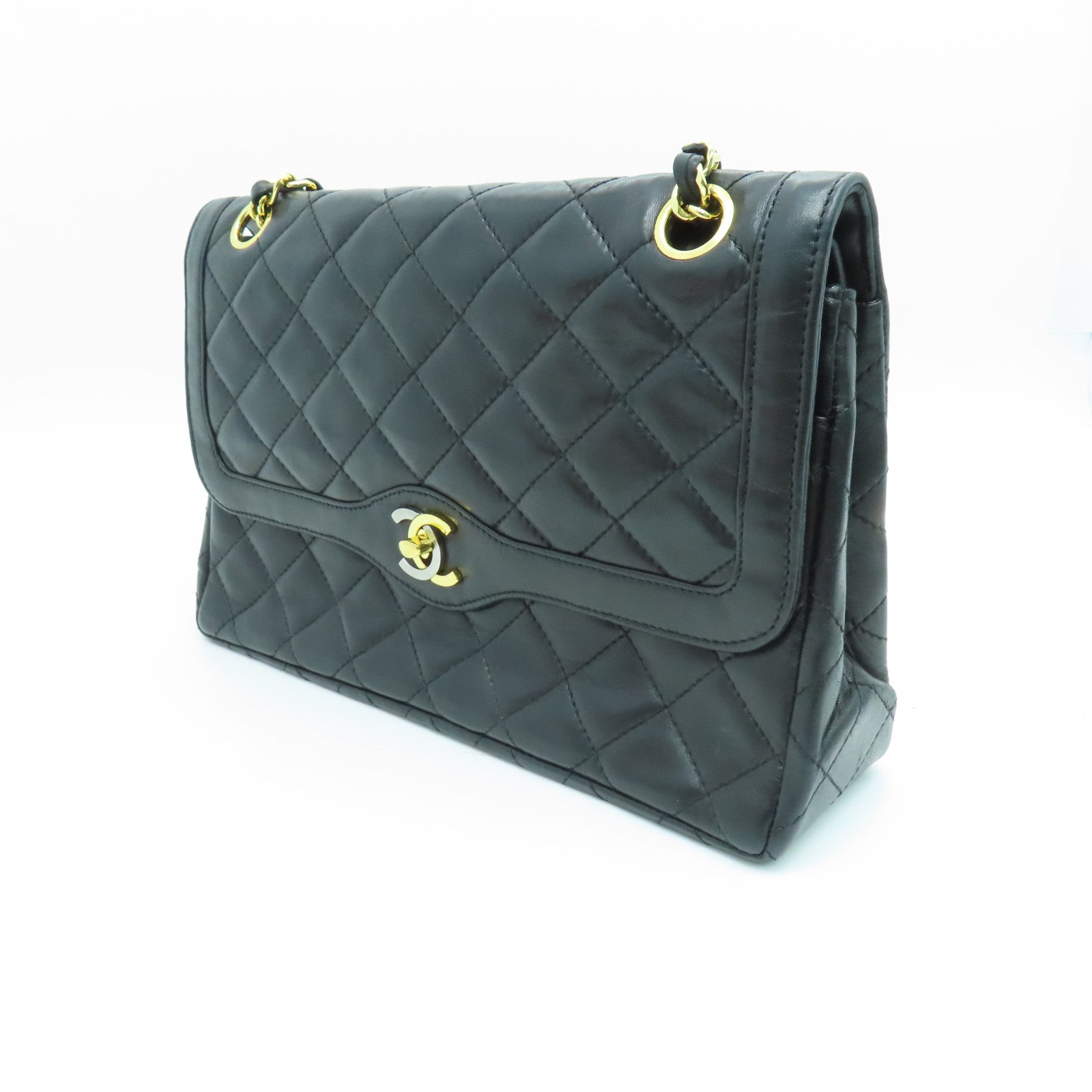 CHANEL 菱格羊皮皮革Chain Shoulder链带肩背袋金扣黑色