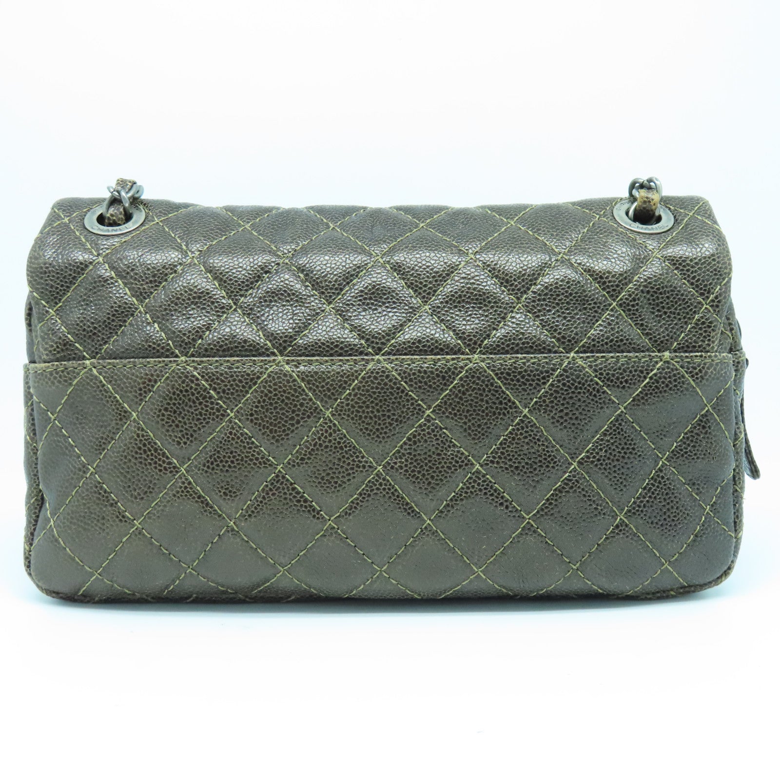 CHANEL 菱格Caviar皮革Chain Shoulder Bag银扣链带肩背袋啡色