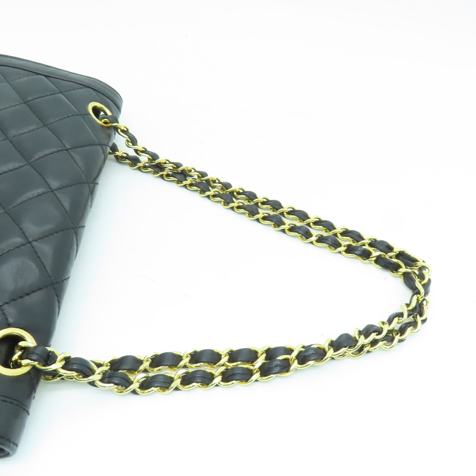 CHANEL 菱格羊皮皮革Chain Shoulder链带肩背袋金扣黑色