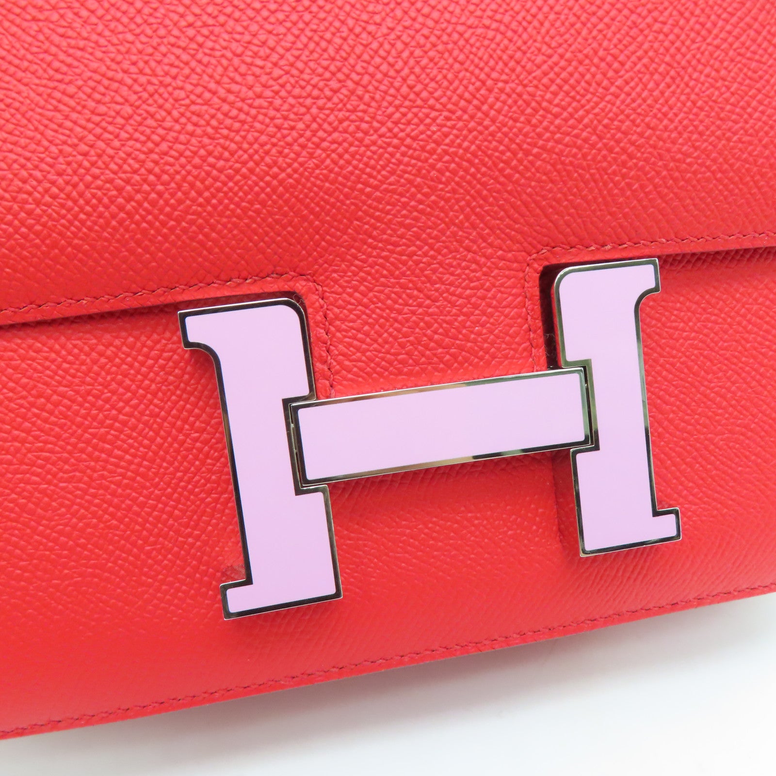 HERMES 【激减优惠】Epsom皮革Constance 24银扣/粉粉扣肩背袋Rouge de coeur/红色