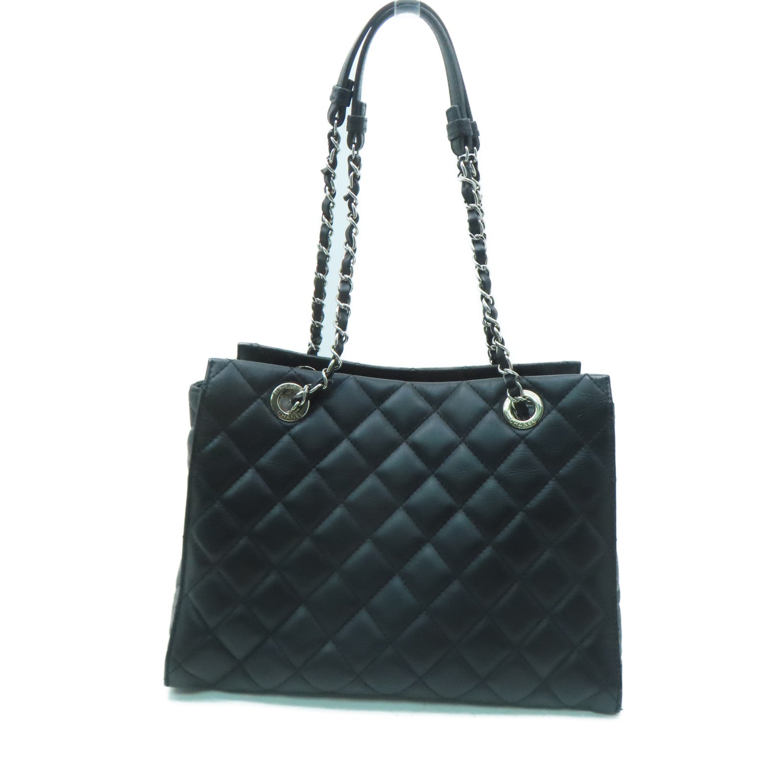 CHANEL 菱格牛皮皮革Shoulder Bag銀扣肩背袋黑色