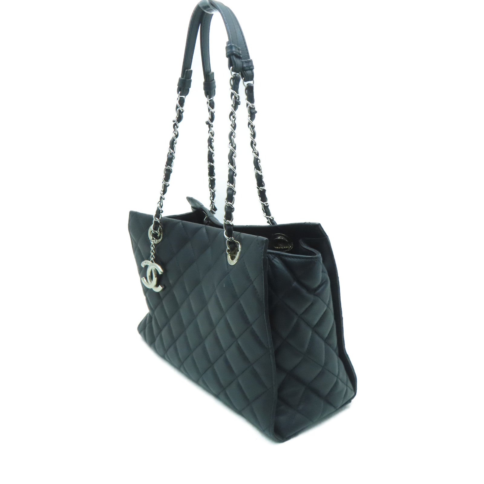 CHANEL 菱格牛皮皮革Shoulder Bag銀扣肩背袋黑色