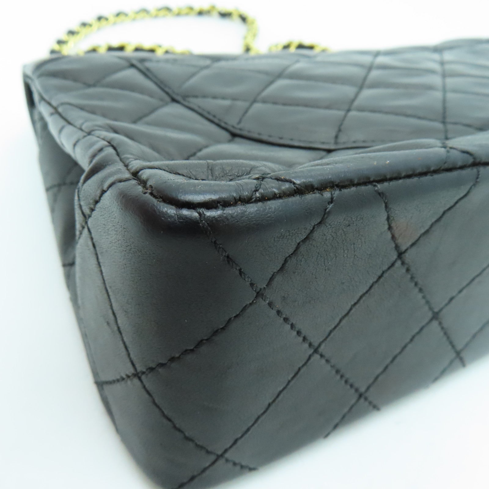 CHANEL 菱格羊皮皮革Chain Shoulder链带肩背袋金扣黑色