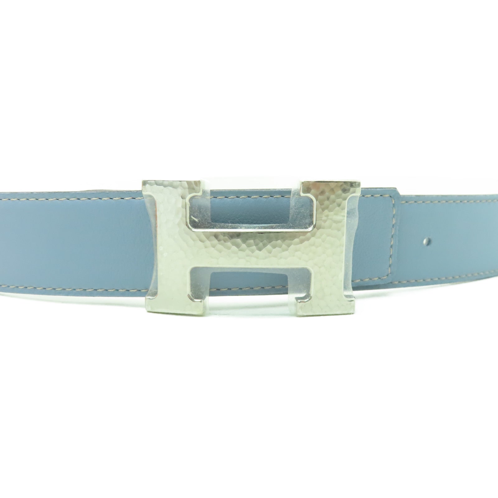 HERMES Veau Epsom皮革Belt銀扣皮帶灰水藍色