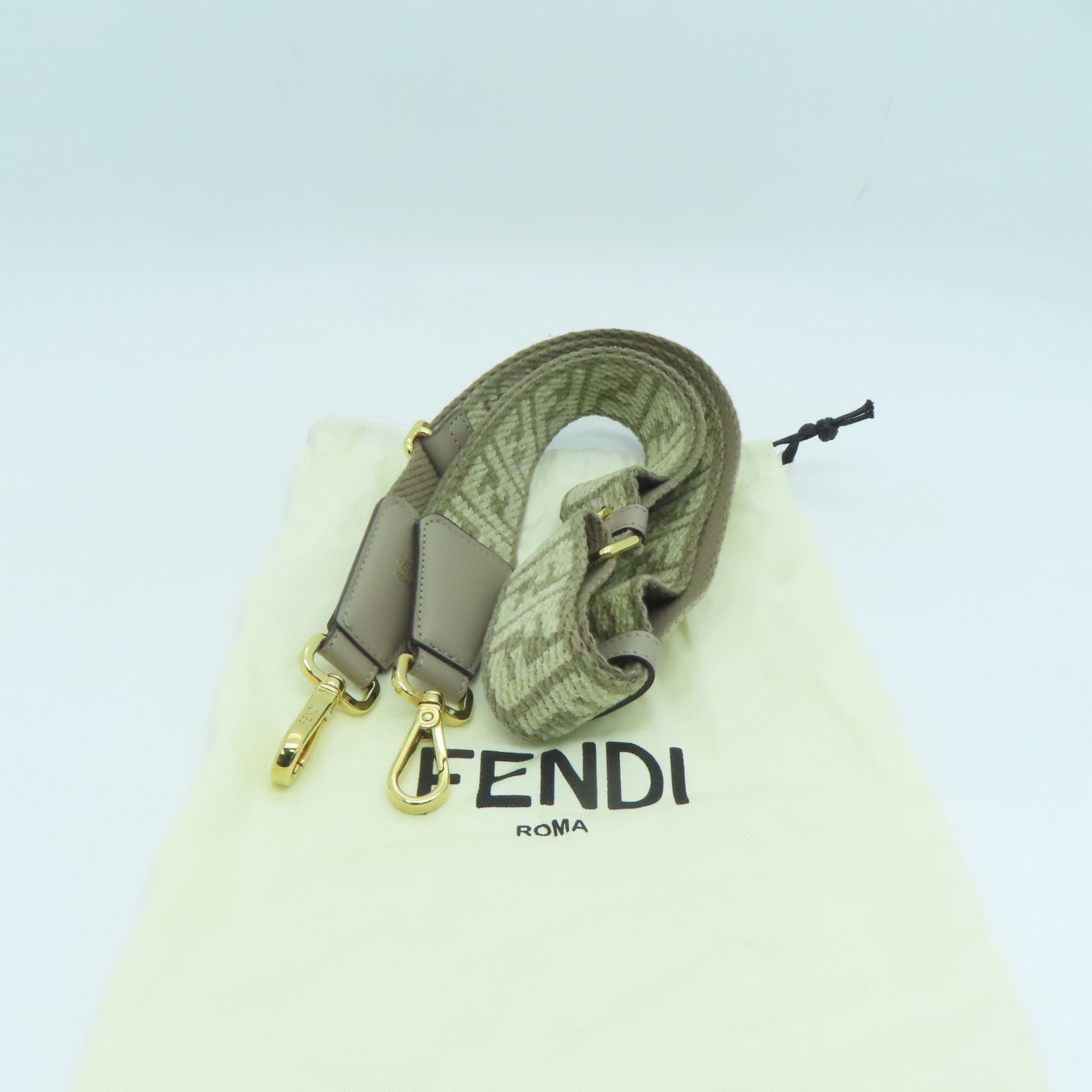 FENDI Fabric/Cowhide Leather Shoulder Strap Gold Buckle Charm Beige