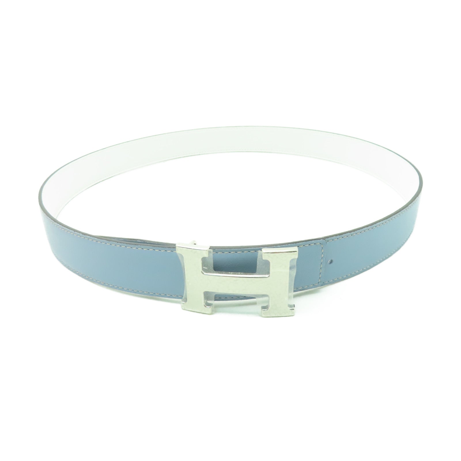 HERMES Veau Epsom皮革Belt銀扣皮帶灰水藍色