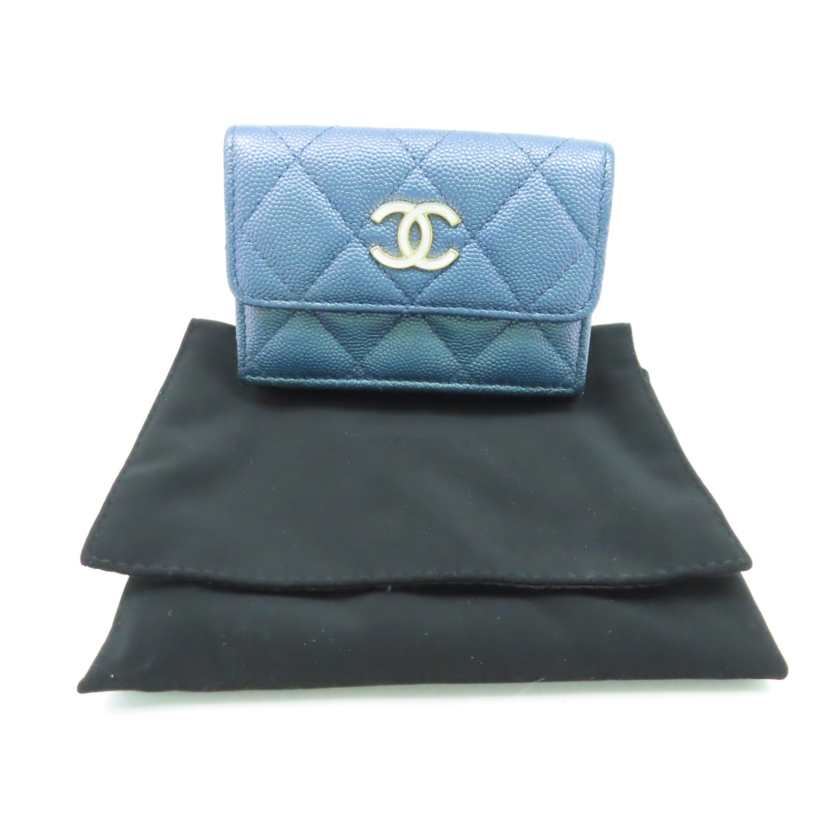 CHANEL 菱格Caviar皮革Wallet金扣錢包藍色