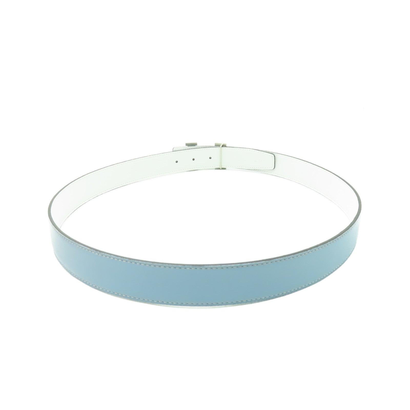 HERMES Veau Epsom皮革Belt銀扣皮帶灰水藍色